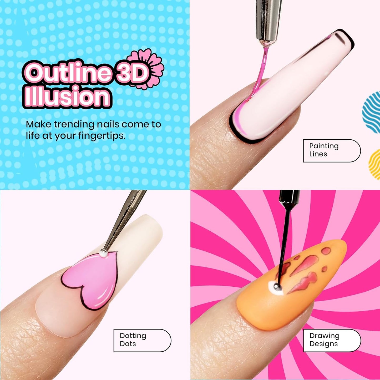 Beetles Summer Gel Nail Polish Set 24pcs Jelly Neon Hot Pink Orange Green Blue Purple Color with White Black Liner Gel Polish and Base Top Coat Nail Art Pen Gifts for Women Fancy Pop