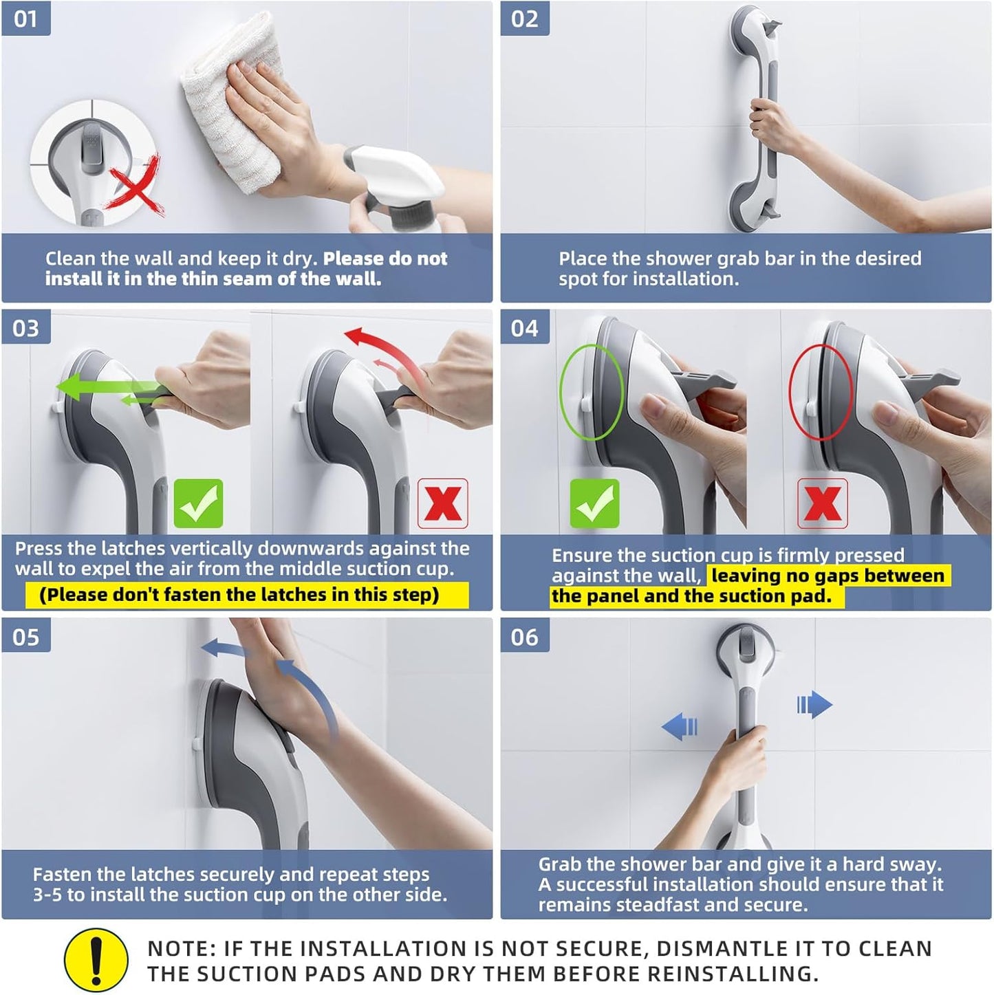 Grab Bars for Bathtubs and Showers Glow in The Dark, 17 inch Suction Grab Bar, Shower Handle Safety Grip Handrail for Seniors and Elderly, Removable Waterproof No Drilling, Grey