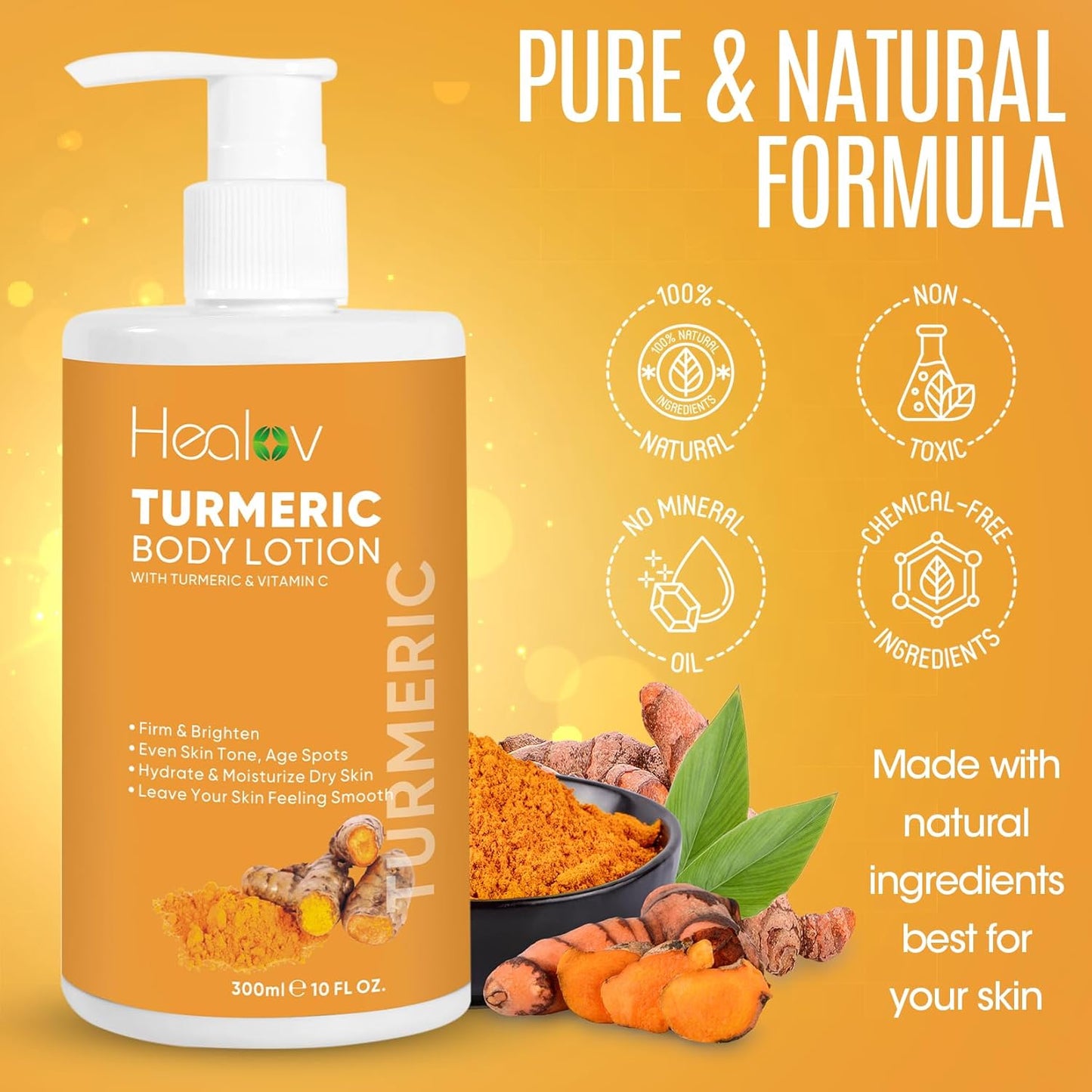Turmeric Lotion for Spots - Natural Turmeric Skin Brightening Cream for Face & Body - Cleanse Skin, Fight Acne, Even Tone, Clear Scars, Sun Damage, & Discoloration - with Vitamin C