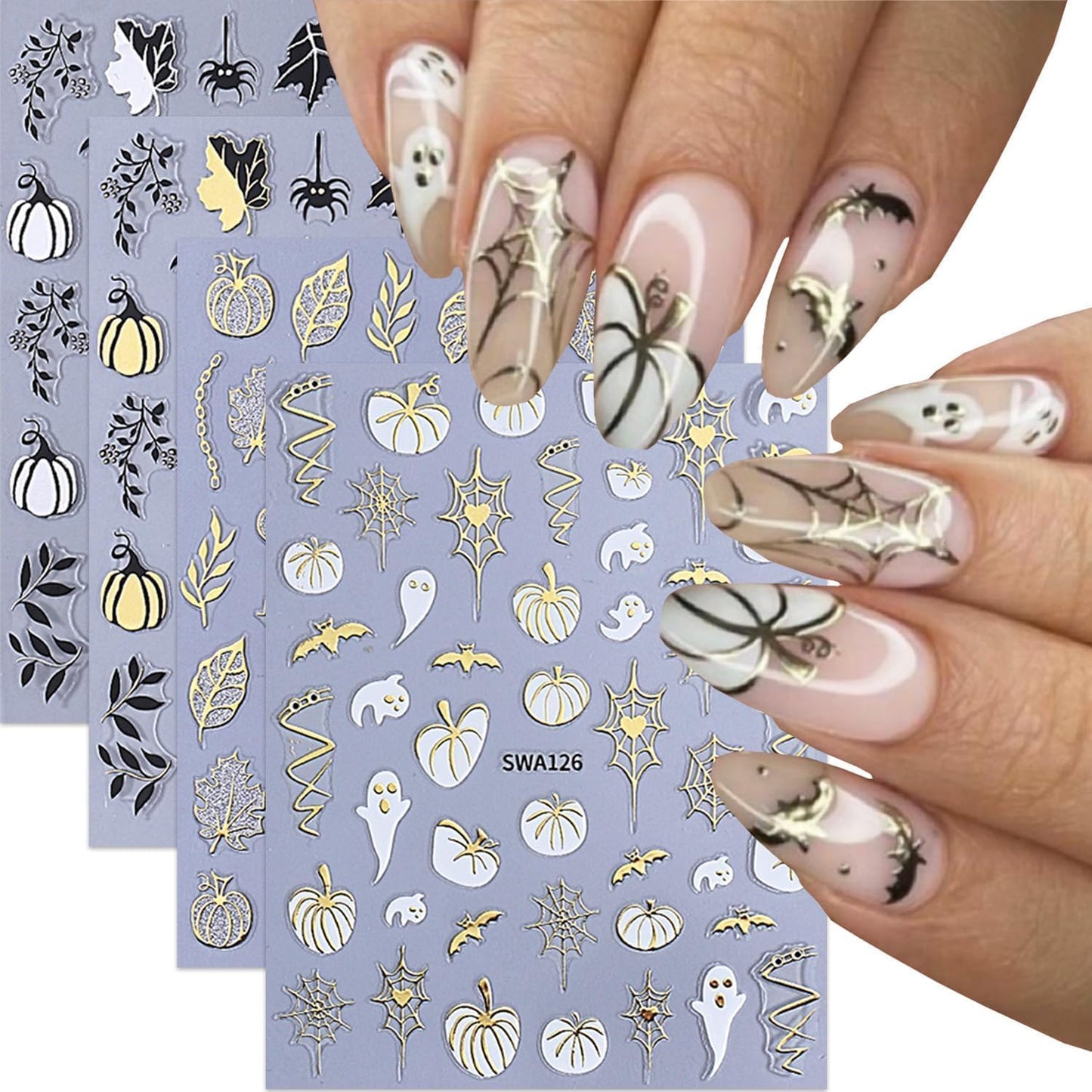 Halloween Nail Stickers Nail Decals Pumpkins Nail Decals 3D Self-Adhesive Autumn Maple Leaf Cute Ghost Pattern Design Sticker Decoration for Women DIY Holiday Party Nails Supplies 8 Sheets