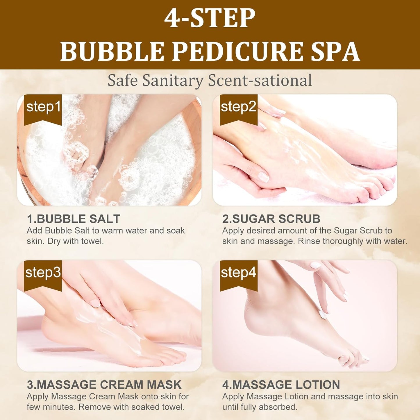 Pedicure Kit Foot Soak Set: Bubble Salt, Sugar Scrub, Massage Mask, Massage Lotion in a Box, 4 Step Foot Spa Kit for Dry Feet,Tired Feet(3 Set Golden petals)