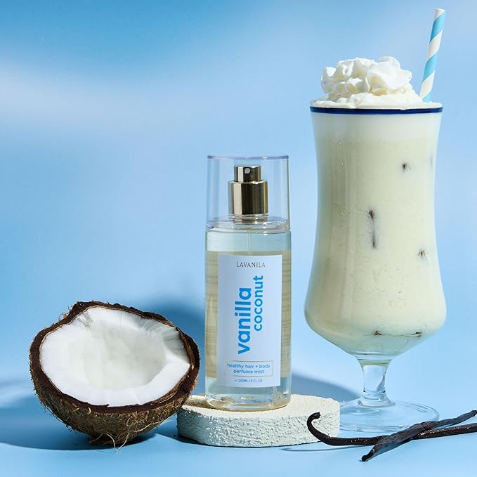 LAVANILA Vanilla Coconut Healthy Hair + Body Perfume Mist, 5 Fl Oz - Sweet & Tropical Fragrance Spray Formulated with Jojoba Oil, Madagascar Vanilla, Coconut, Tahitian Tiare Flower