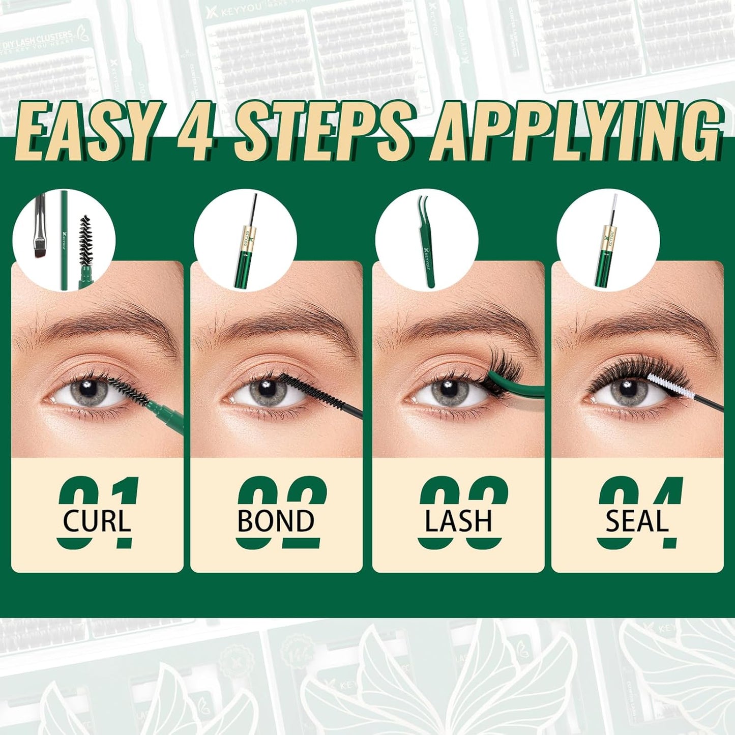 KEYYOU Lash Extension Kit 144pcs Thick Super Soft Lash Clusters,10-18mm D Curl Individual Lashes Kit with Bond and Seal Applicator and Brush Remover Easy to DIY at Home(PC03Kit-D-10-18MIX)