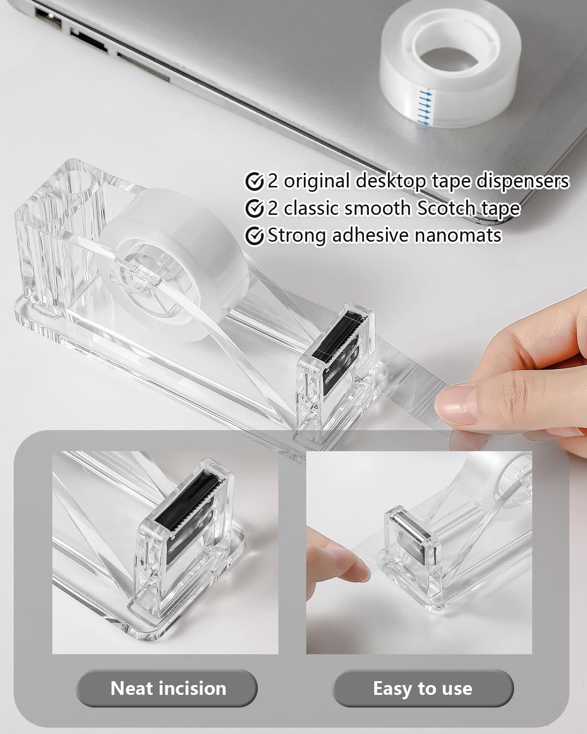 2-Piece Acrylic Tape Dispenser Desk - Durable, Stylish, and Versatile for Home, Office, or School - Fits Standard Tape Rolls - Desktop Convenience for Easy Organization(Silvery)