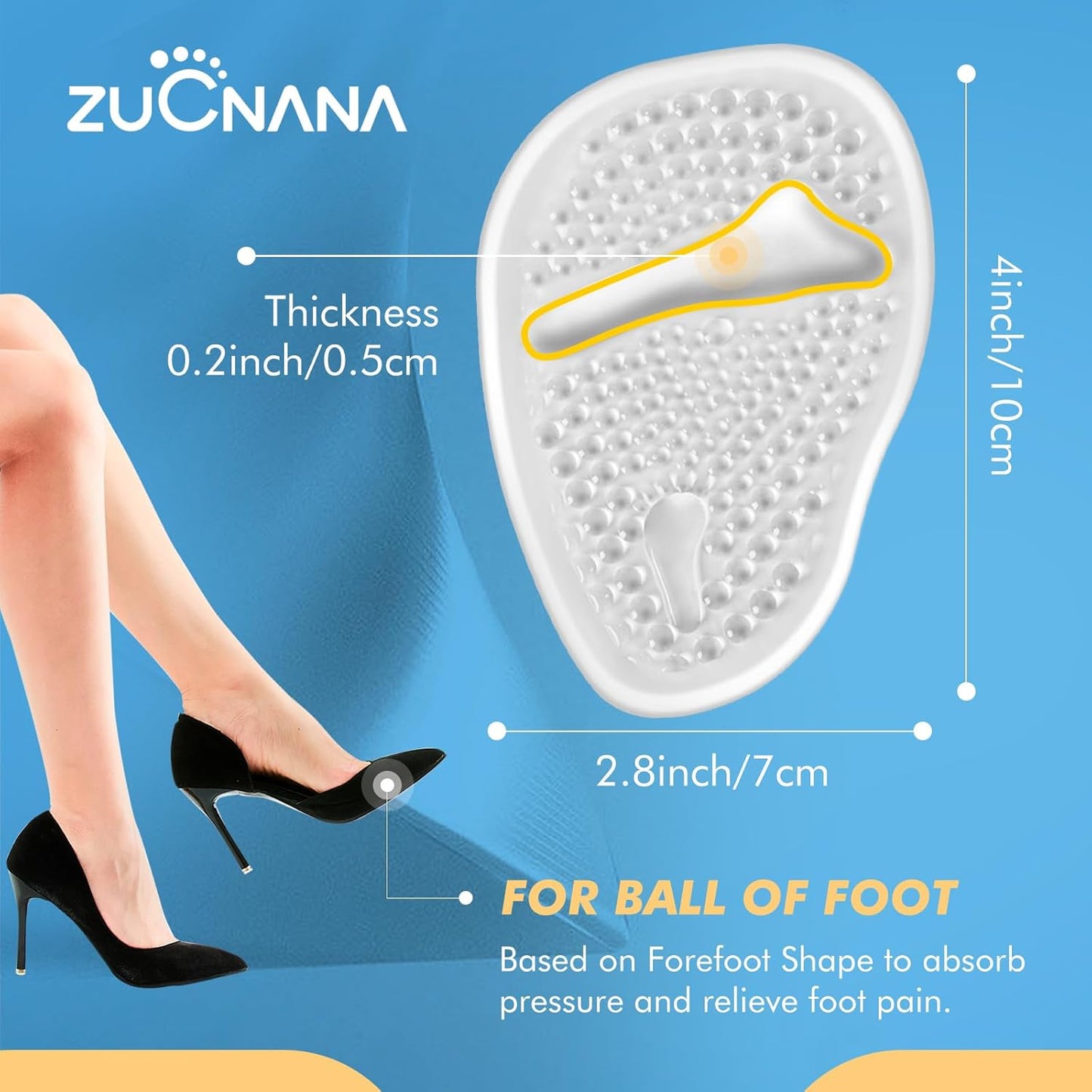 Metatarsal Pads for Women - Soft Gel High Heel Insoles, 4 Pairs, Non-Slip Design, Instant Foot Pain Relief, Self-Sticking Back, Fits All Feet Sizes