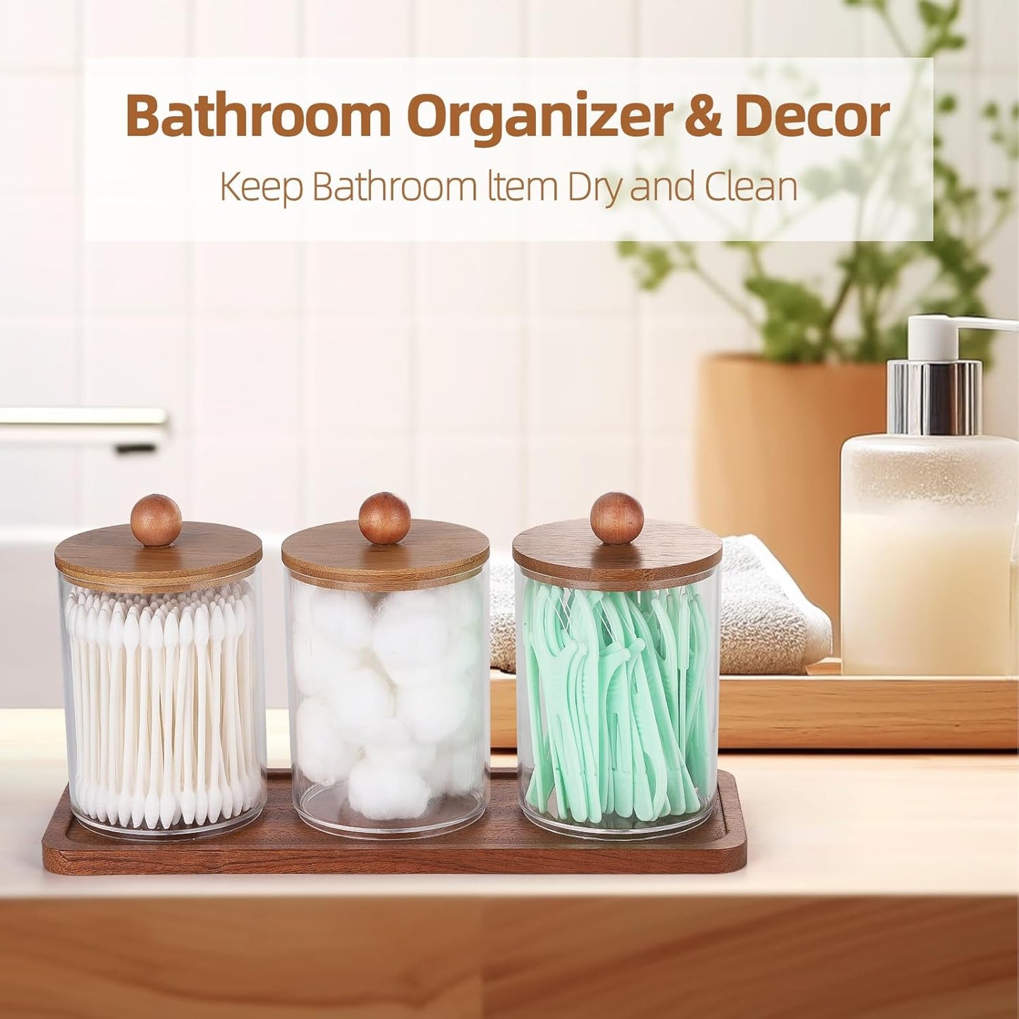 Tbestmax Qtip Holder with Vanity Tray, Clear Bathroom Containers Dispenser for Storage Cotton Swab/Ball/Pad Holder Wood Lids