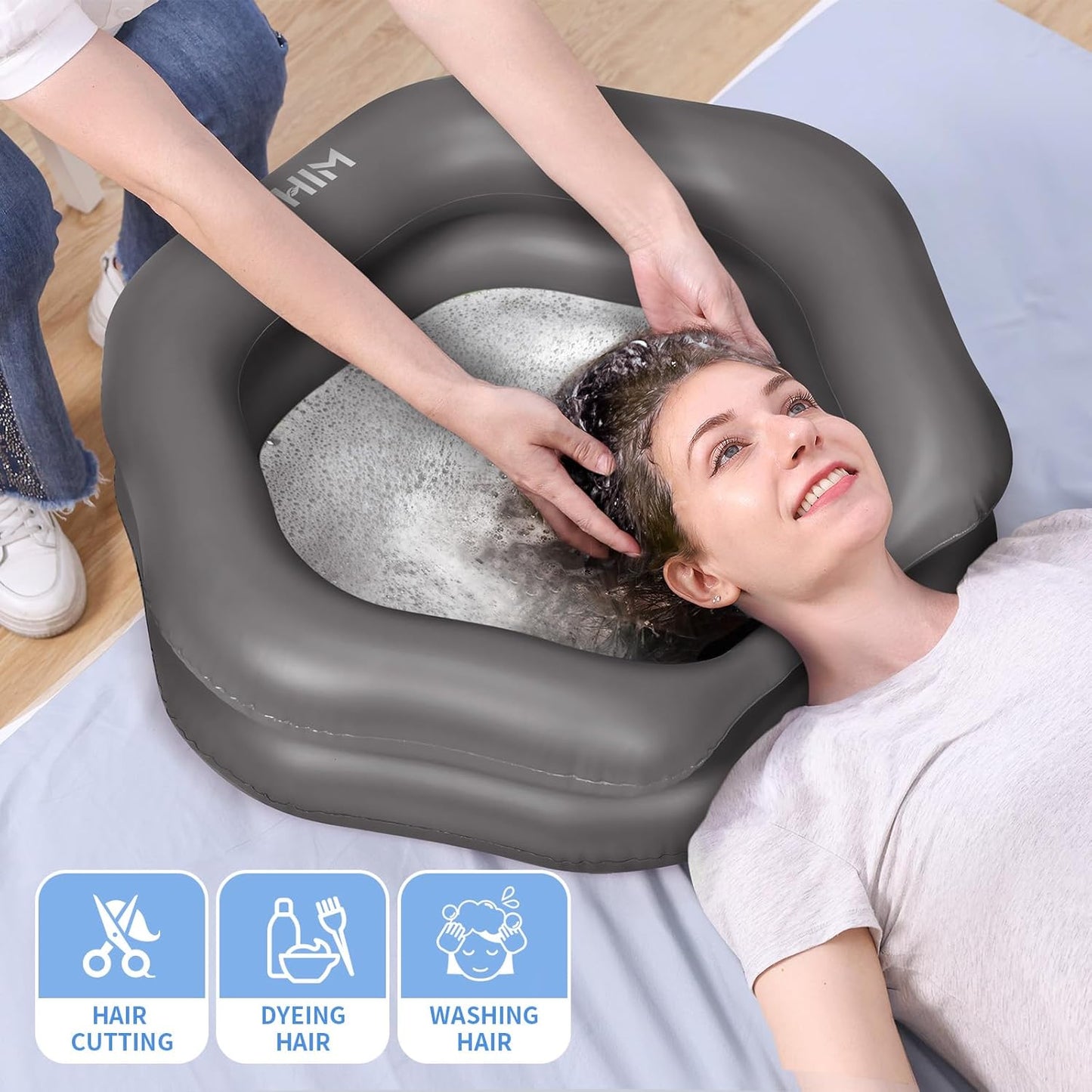 Inflatable Shampoo Basin for Bedridden, Elderly & Disabled - Petal-Shape Large Size, 360° Neck Support, Central Drain Hole with Pull Ring | Leak-Proof PVC Portable Hair Washing Bowl (Grey)