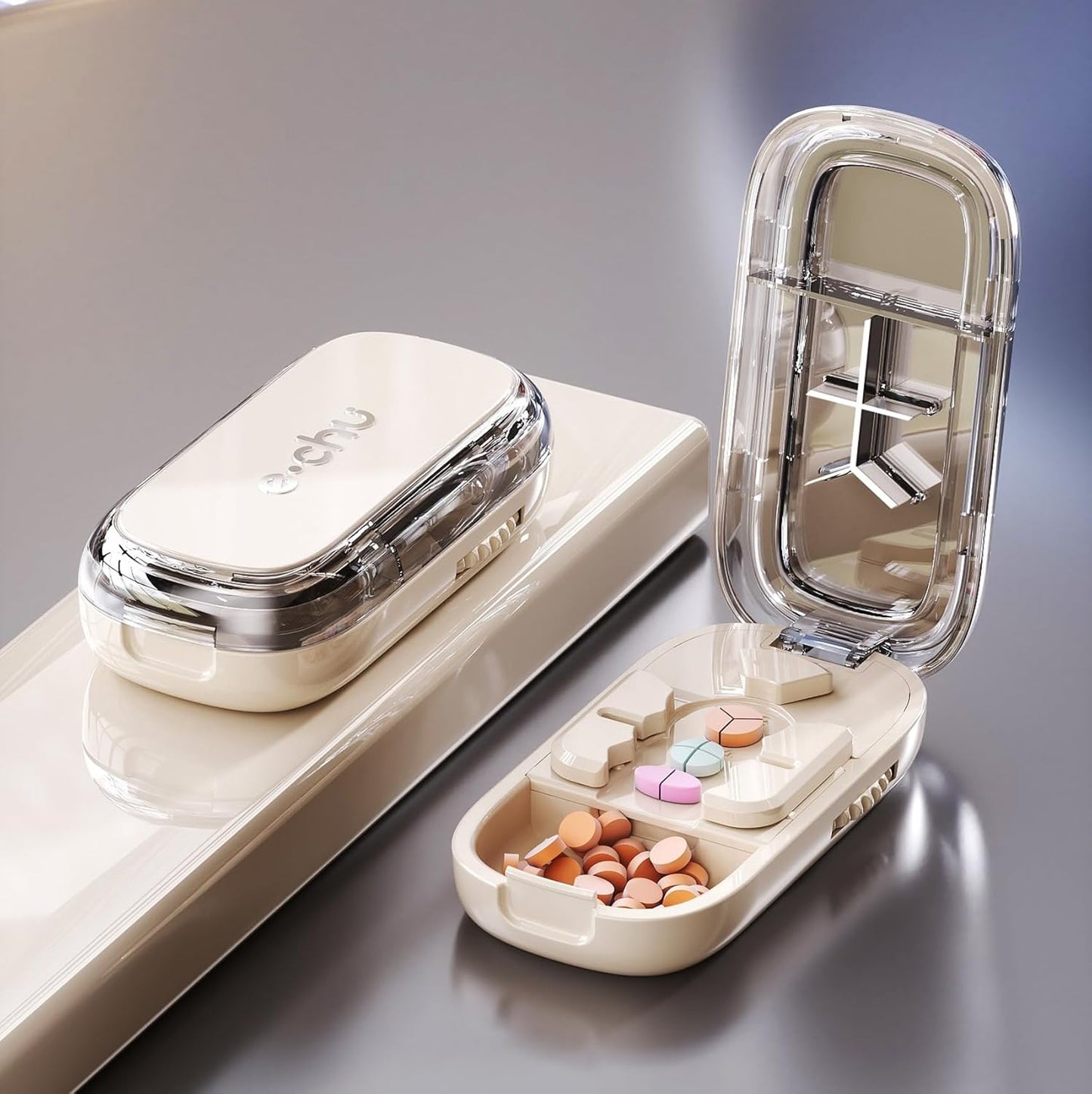 Pill Cutter Splitter for Small and Tiny Pills - 1/2&1/3&1/4Adjustable Pill Splitter with Centering Device for Cutting Multiple Pills, Accurate Alignment and Easy to Use (Beige)