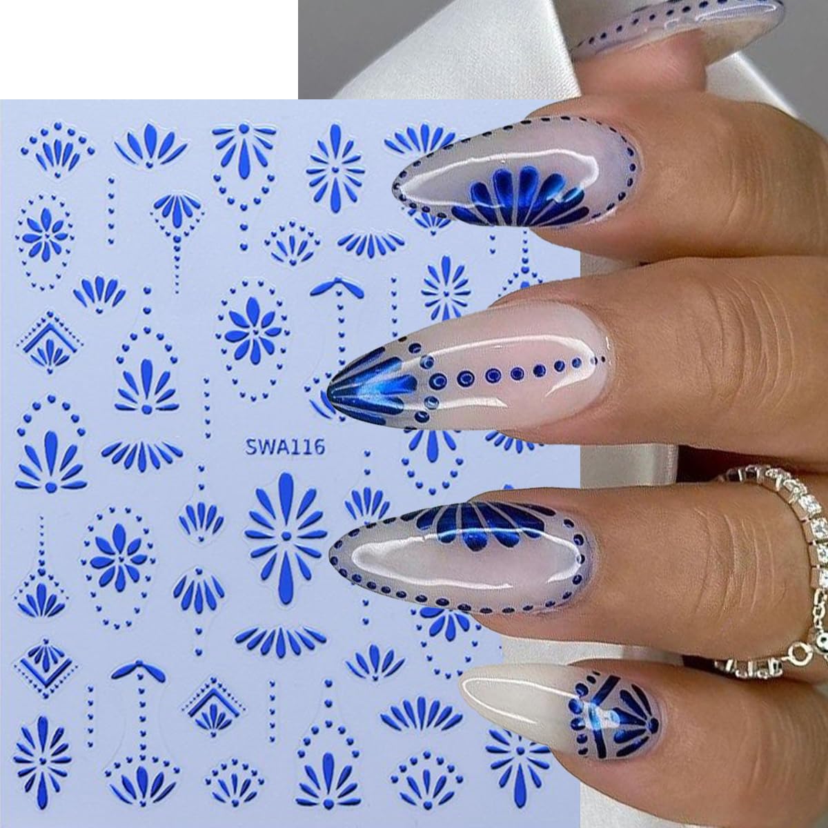 Bohemian Style Nail Stickers 3D Self Adhesive Nail Art Stickers Retro Blue Nail Decals Gold Silver Bohemian Design Flower Nail Sticker for Nail Art Decoration Manicure Accessories for Women 6 Sheets