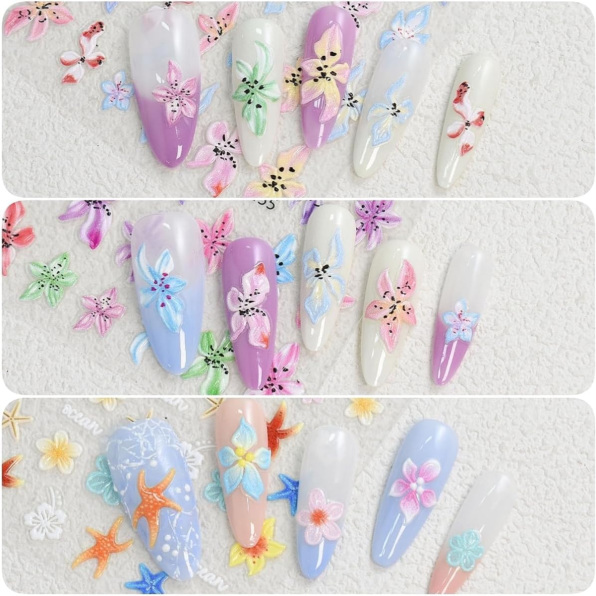 Hawaii Flower Nail Stickers 6 Sheets 5D Embossed Floral Nail Decals Pink Blue Hibiscus Nail Art Stickers for Women DIY Manicure Supplies Decorations