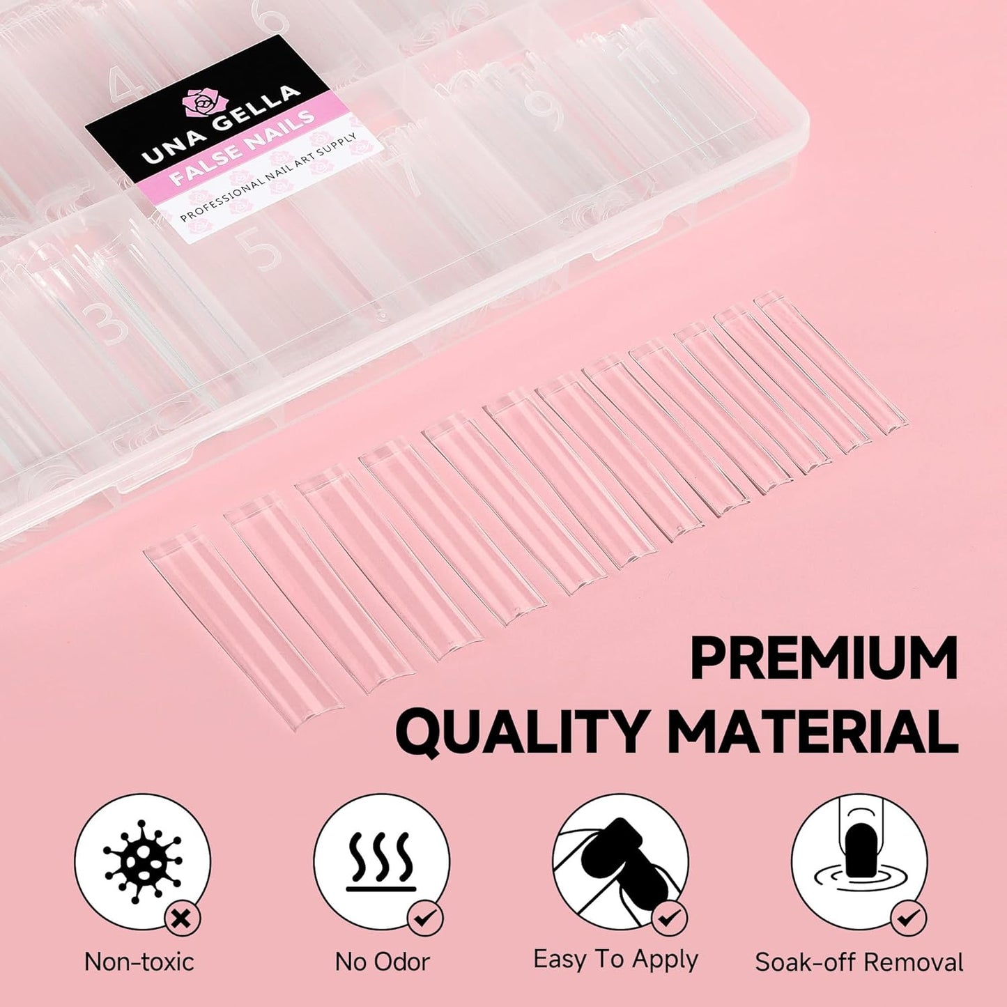 UNA GELLA No C Curve Tapered Square Nail Tips 216Pcs - 3XL Half Cover Clear Acrylic False Straight Nail Tips Long Soft Square Gel Tips Press on Nails for Nail Extensions DIY 12 Sizes With Box
