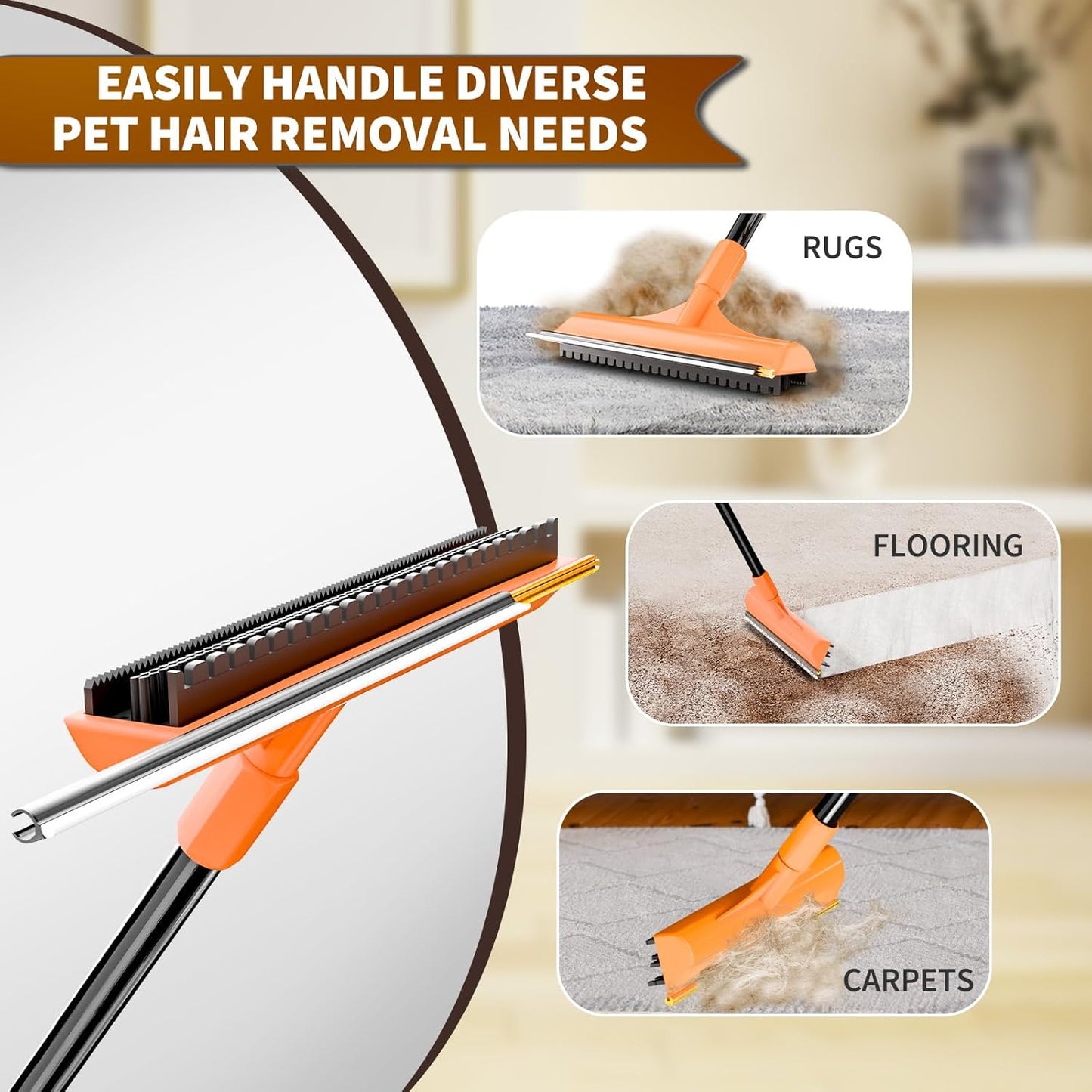 Carpet Rake for Pet Hair Removal - 3 in 1 Pet Hair Remover Tool with 58" Adjustable Long Handle,Reusable Dog & Cat Carpet Scraper,Pet Hair Remover for Rugs,Mats,Couch,Curtains(Orange)