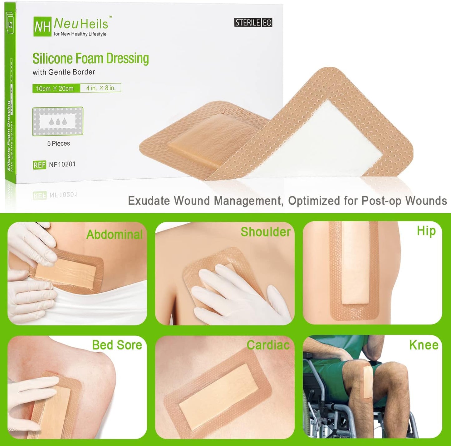 Silicone Foam Dressing with Gentle Border for Post-op Surgical Wounds 4''x8'', Absorbent Pad 2''x6'', Pack of 5, Silicone Wound Bandages for Cuts, Abrasions, Bed Sore, Pressure Ulcer