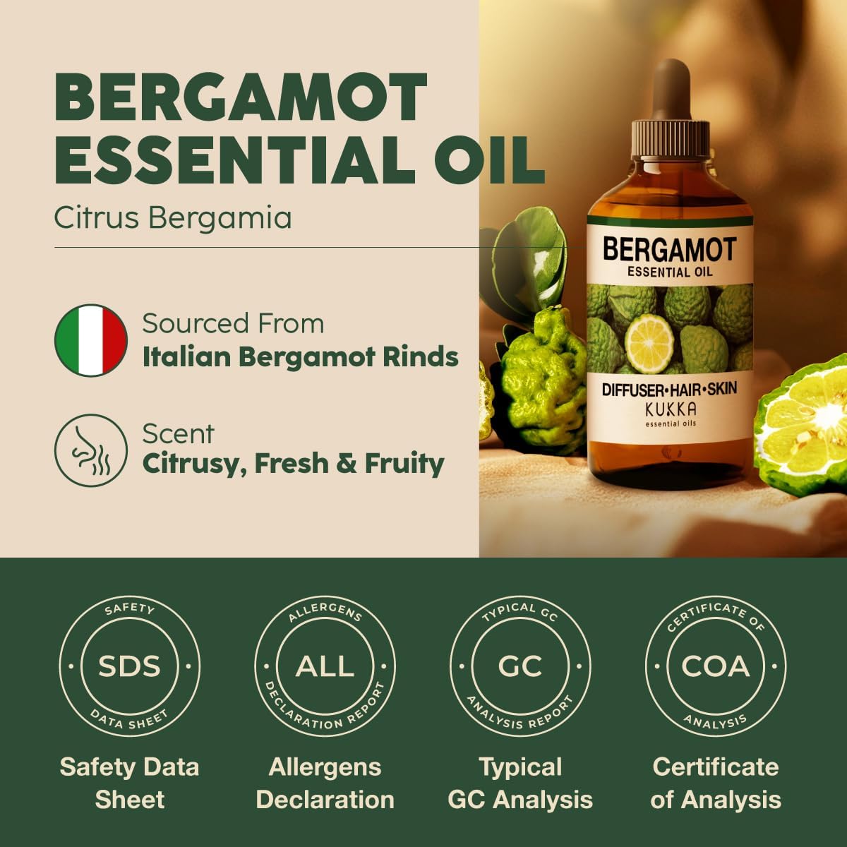 Kukka Bergamot Essential Oil for Diffuser and Skin - 4 Fl Oz - Bergamot Oil for Aromatherapy, Hair Shampoo, Bath Bomb, DIY Soap Making Scents