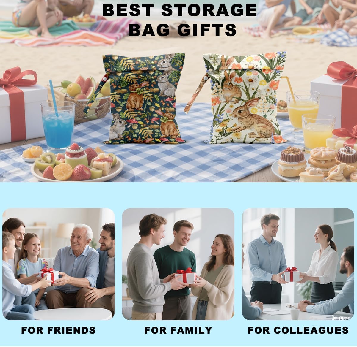 2Pcs Bunny Wet Bag 12x10 Inch, Rabbit Waterproof Reusable Wet Dry Bags, Floral Washable Travel Laundry Bags for Swimsuit Pool Beach Diapers Dirty Yoga Gym Clothes, Flowers Gifts for Women Friend