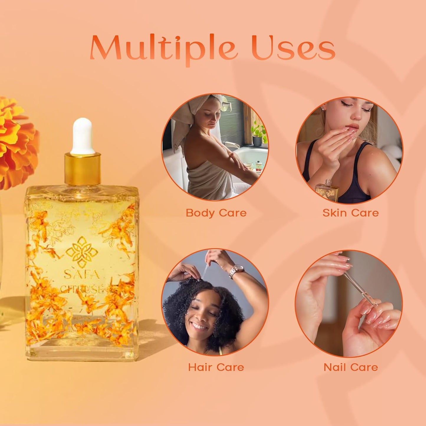 SAFA Citruse Oil for Face, Hair, Nail with Vitamin C, E & A for Scars, Stretch Marks - Orange Body Oil Fragrance - After Shower Body Oil - All Skin Types Non Comedogenic - 4 Fl Oz