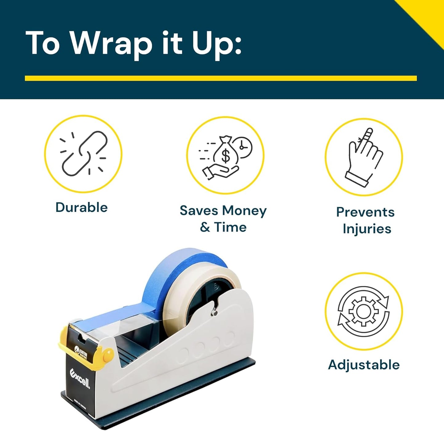 Excell ET-227 Heavy Duty Steel Desk Tape Dispenser (2" Wide) with Safety Blade Cover, Desk Top Dispenser for Home,Office, Shop, Retail Store and Warehouse Wrapping Purpose (2 Inch)