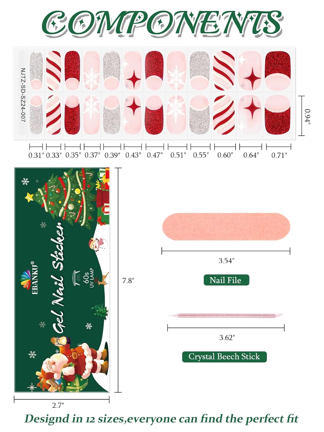 EBANKU 24PCS Christmas Semi-Cured Gel Nail Strips, French Glitter Adhesive Gel Nail Art Sticker, Waterproof Gel Nail Wrap Stickers with Nail File and Stick(UV/LED Lamp Required)