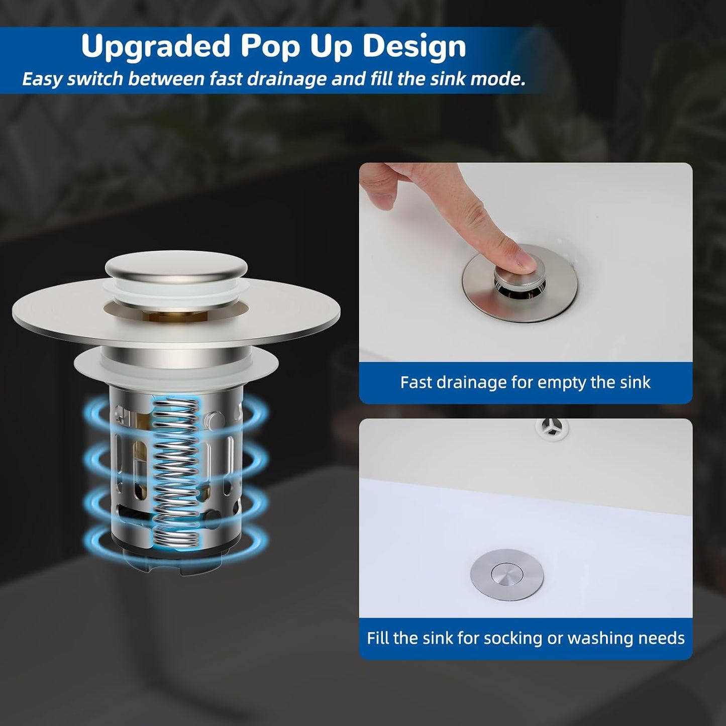 Hibbent Upgraded 3 in 1 Bathroom Sink Drain Strainer, Universal Pop Up Stopper with Removable Stainless Steel Filter Basket Hair Catcher, Sink Plug for 1.1''~2.36'' Basin, Brass Core, Brushed Nickel