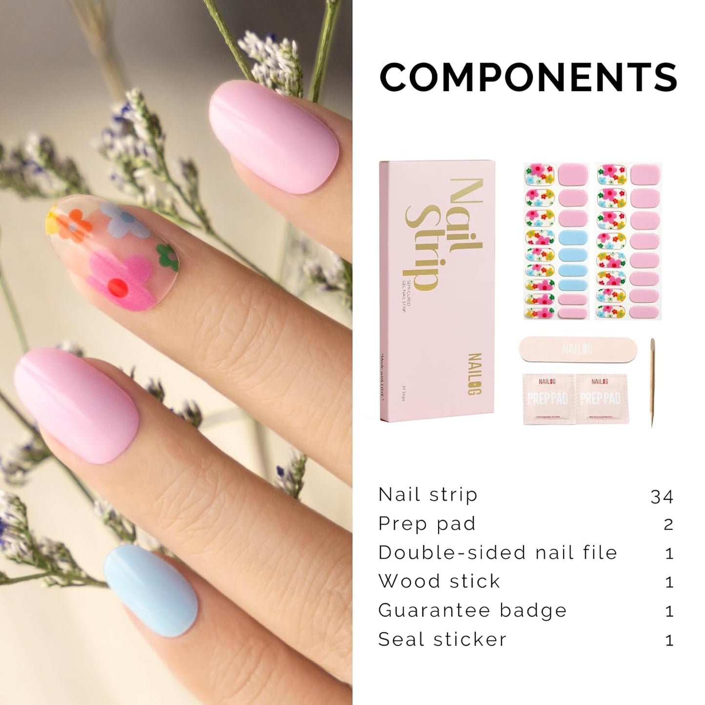 Semi Cured Gel Nail Strips - NAILOG 34 Pcs Floral Gel Nail Stickers Clear Extra Long Nail Wraps with Glossy Gel Finishing for Spring Summer, Petal Dance