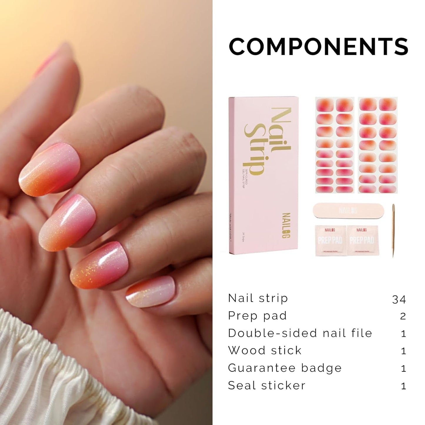 Semi Cured Gel Nail Strips - NAILOG 34 Pcs Nude Pink Gel Nail Stickers Extra Long Nail Wraps with Glossy Gel Finishing for Spring Summer, Pink Aurora