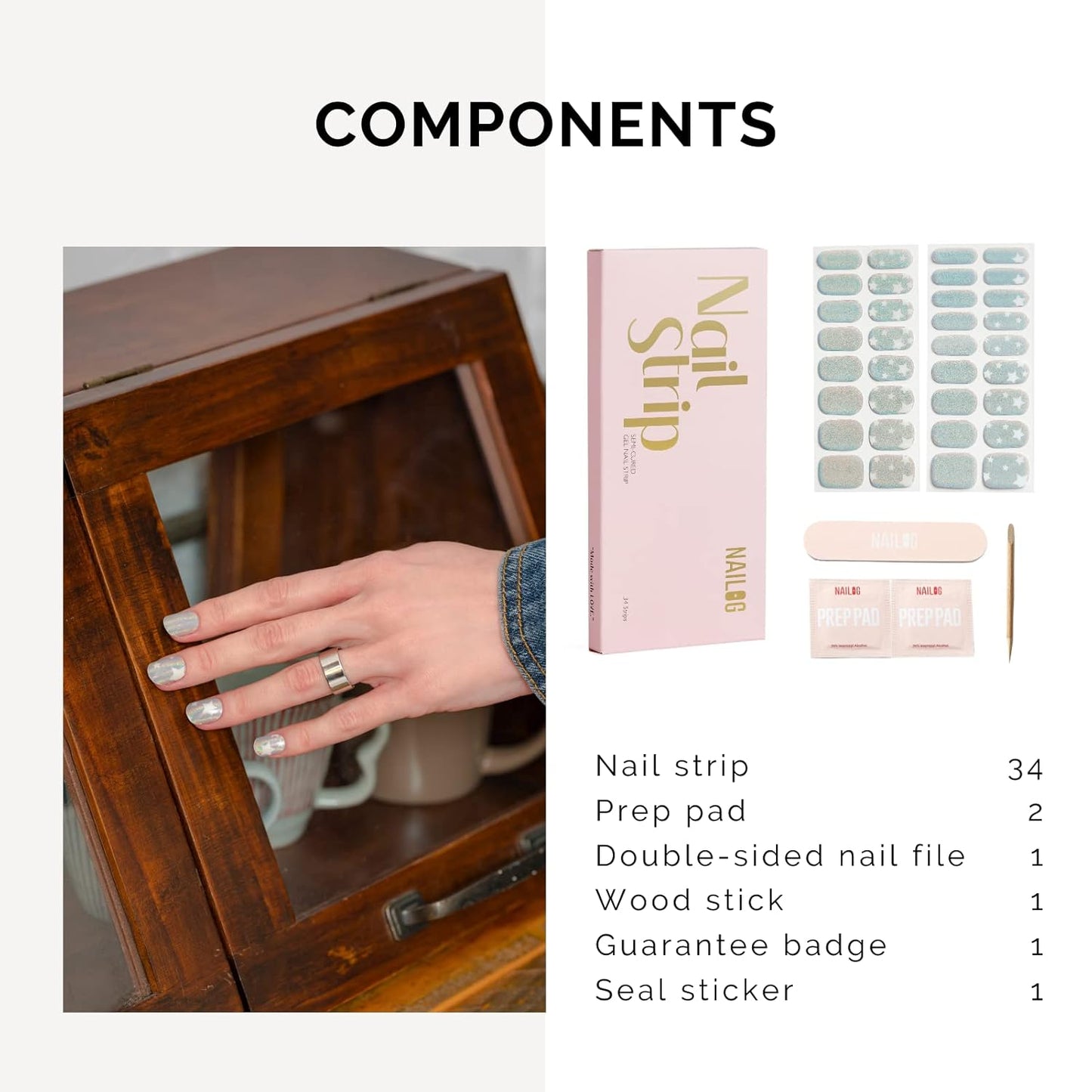 NAILOG Semi Cured Gel Strips, 34 pcs Salon-Quality Stickers, Long Lasting Wraps for Women With Soft Gel Finish | Shimmery Stars