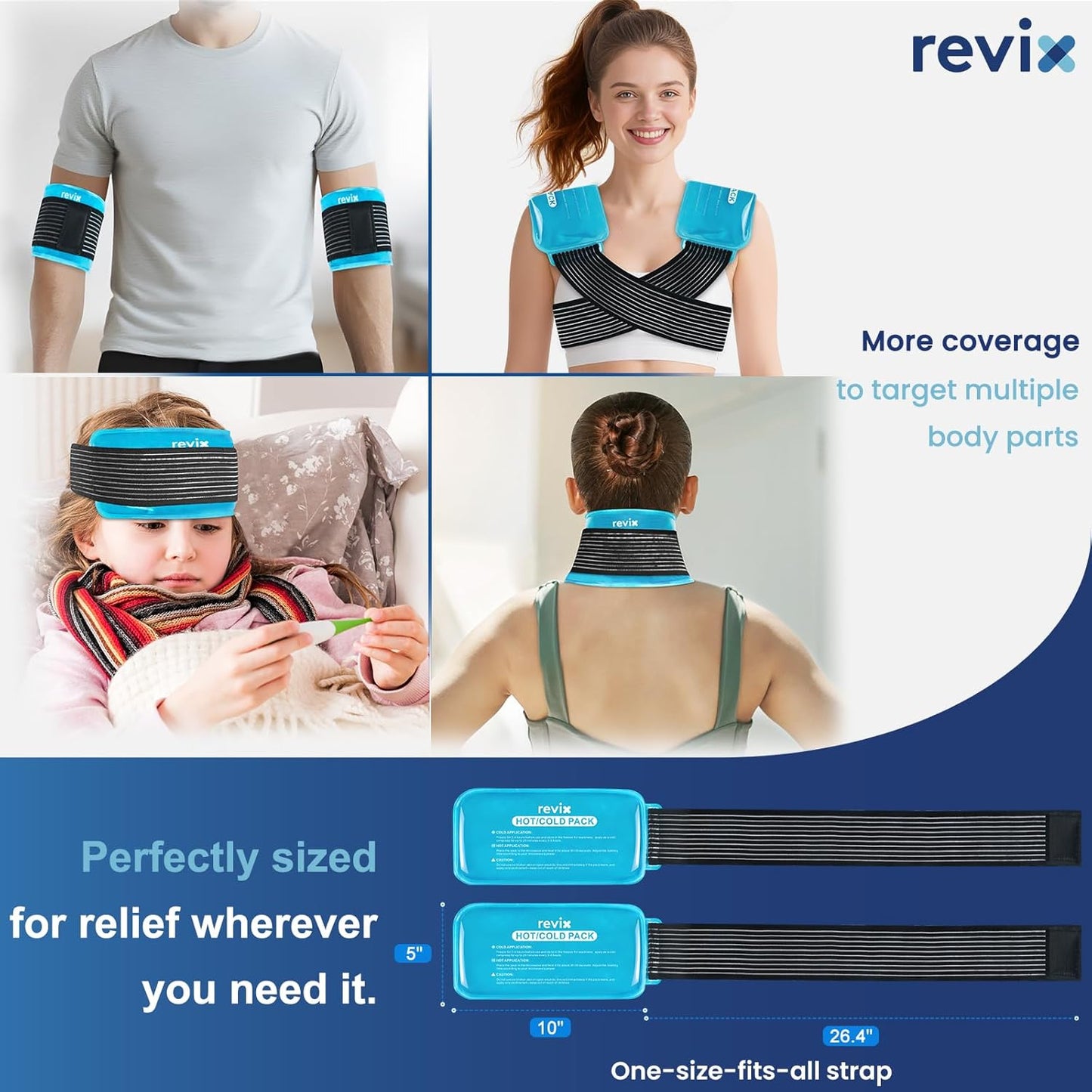 REVIX Ice Packs for Injuries Reusable, 2 Packs Hot & Cold Gel Ice Packs with PVC Cooling Design & Adjustable Strap, Flexible Therapy on Joints, Muscles, Shoulder, Back and Knee (10" x 5" Blue)