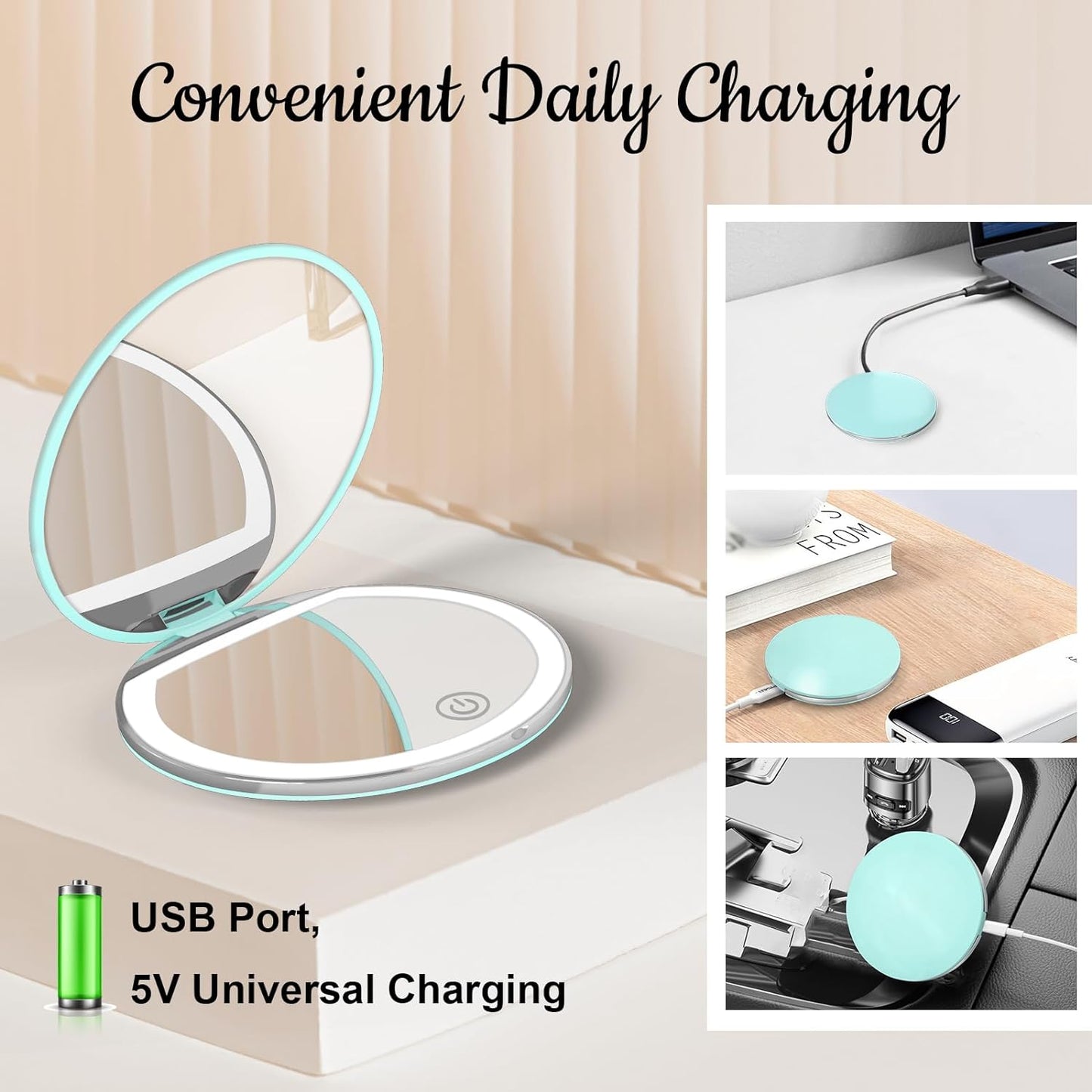 Compact Mirror with Light, 1X/3X Magnification LED Pocket Mirror with USB Data Cable,Mini Mirror for Purse, Pocket,Travel and Present (Mint Green)