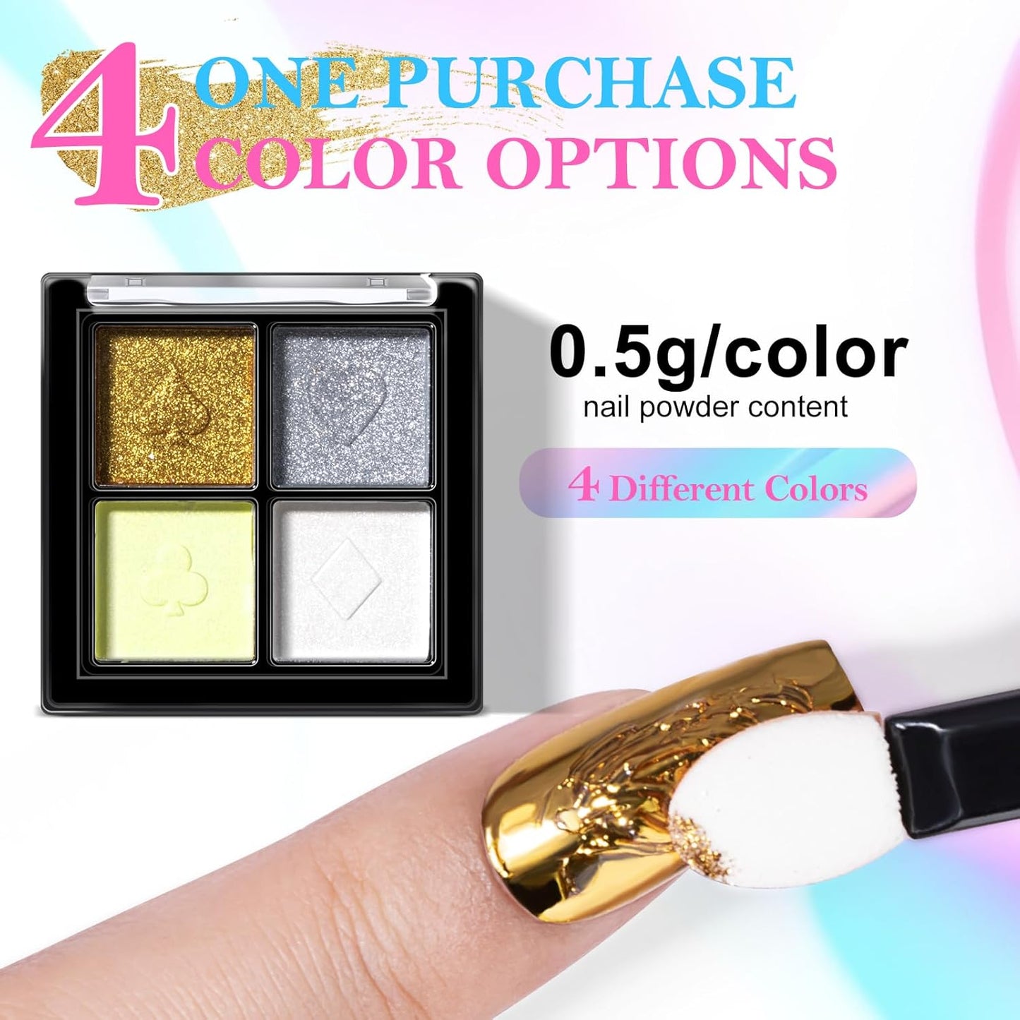 NXJ INFILILA Pearl Chrome Nail Powder Kit, Chrome Pallete for Nails 4 Colors - Gold, Silver, Moonlight White, Iridescent Yellow, Pearl Mermaid Aurora Effect Pigment for Gel Polish, Gift for Women