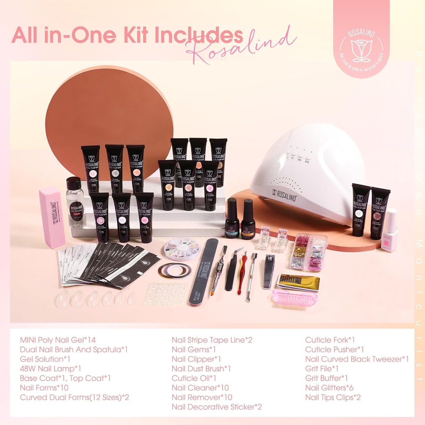 ROSALIND 14PCS White Nude Poly Nail Gel Kit with Nail Lamp Brown Purple Poly Extension Gel Set