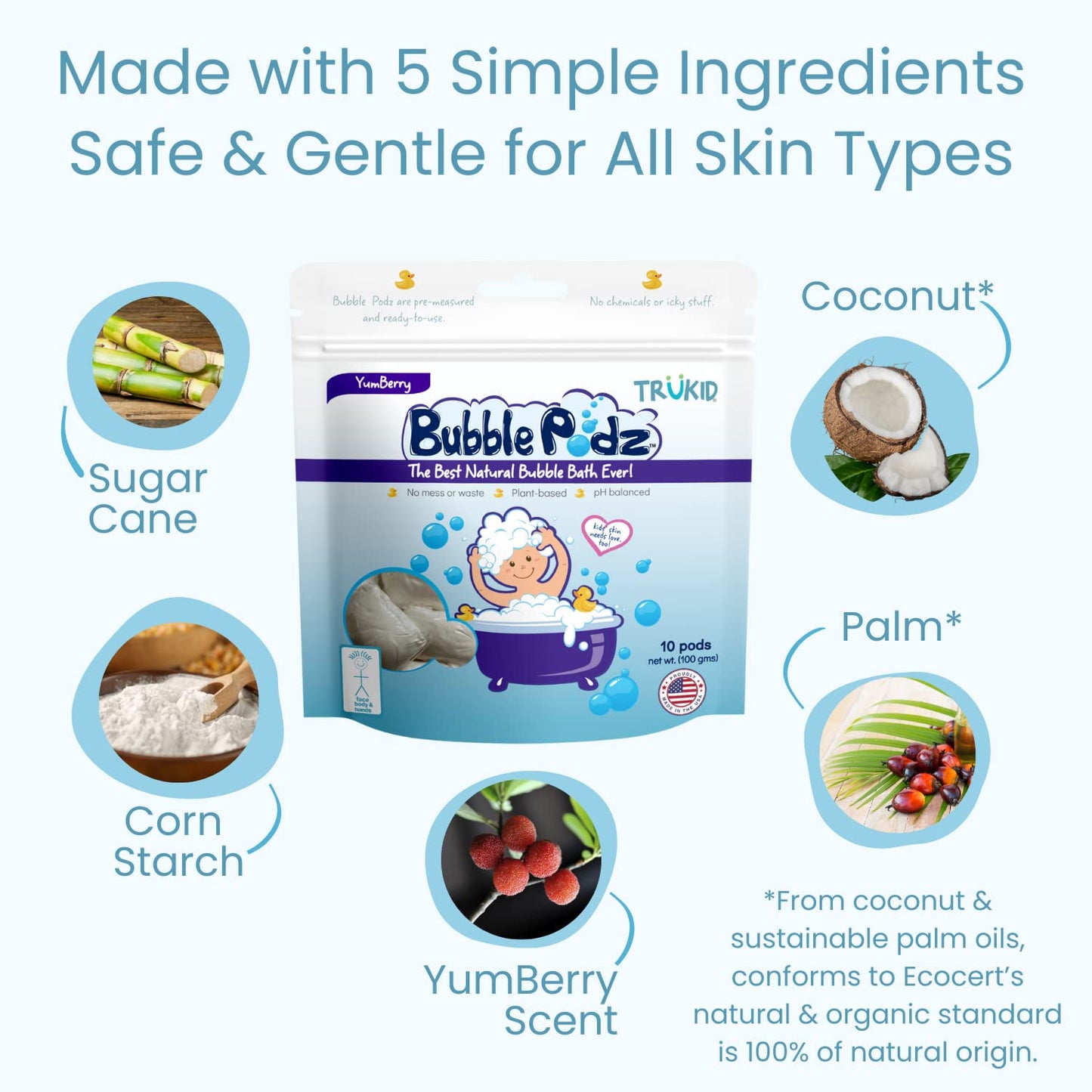 TruKid Bubble Podz Bubble Bath for Kids, Toddlers, & Babies, Tear Free Gentle & Refreshing Bath Bomb for Sensitive Skin with Natural Moisturizers, Non-Toxic, pH Balanced, Yumberry Scent (24 Podz)