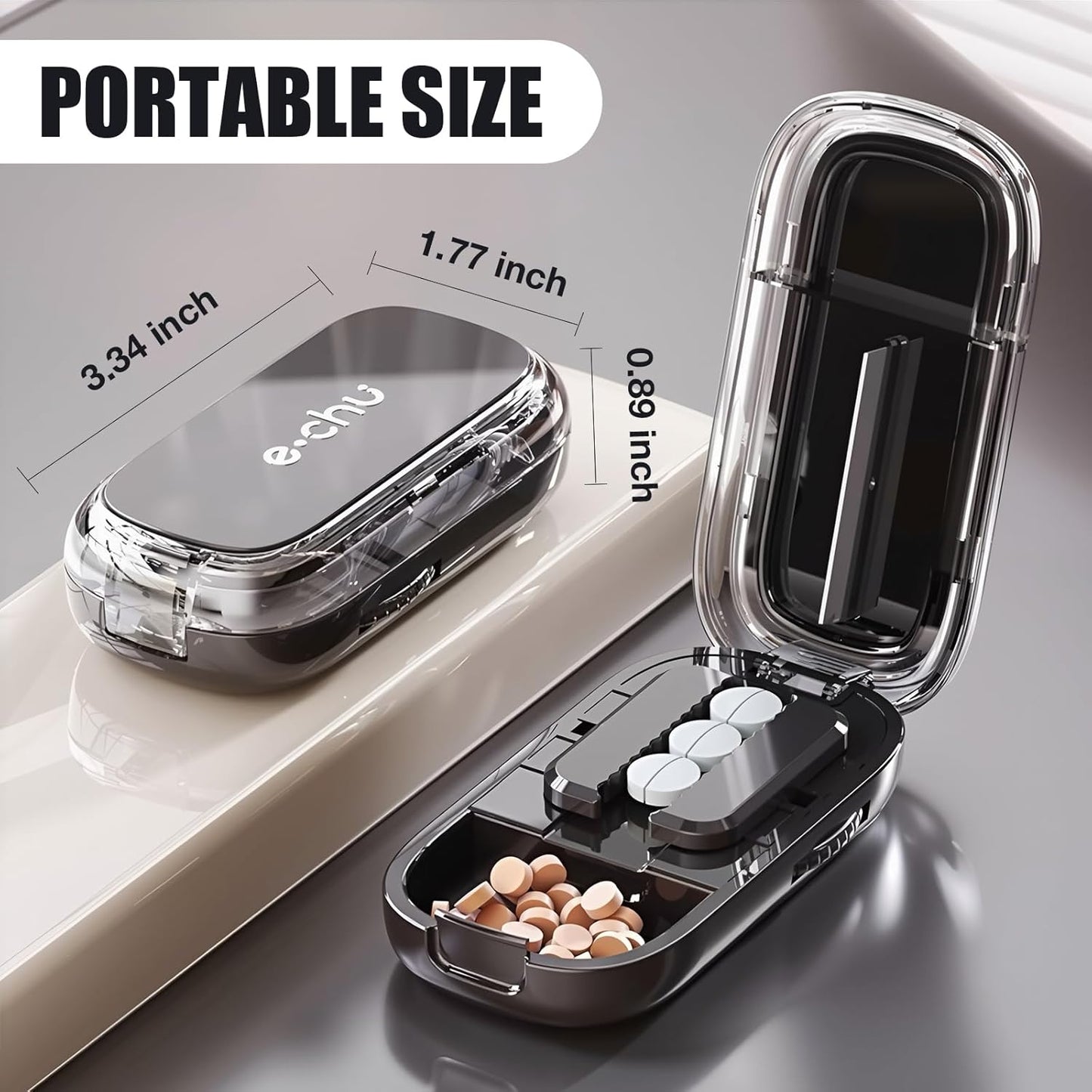 Portable Pill Cutter with Adjustable Slots – Multi Pill Splitter for Small & Large Tablets, Stainless Steel Blade, Clear Cut, Non-Slip Design, Easy to Use for Weekly Medication(Black, 1/2)
