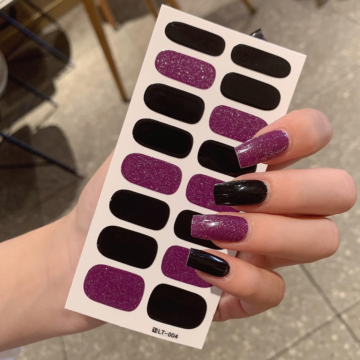 6Sheets Glitter Nail Polish Strips Self Adhesive Multicolored Gel Nail Wraps Solid Color Nail Strips For Women DIY Manicure Tips - Black Pink