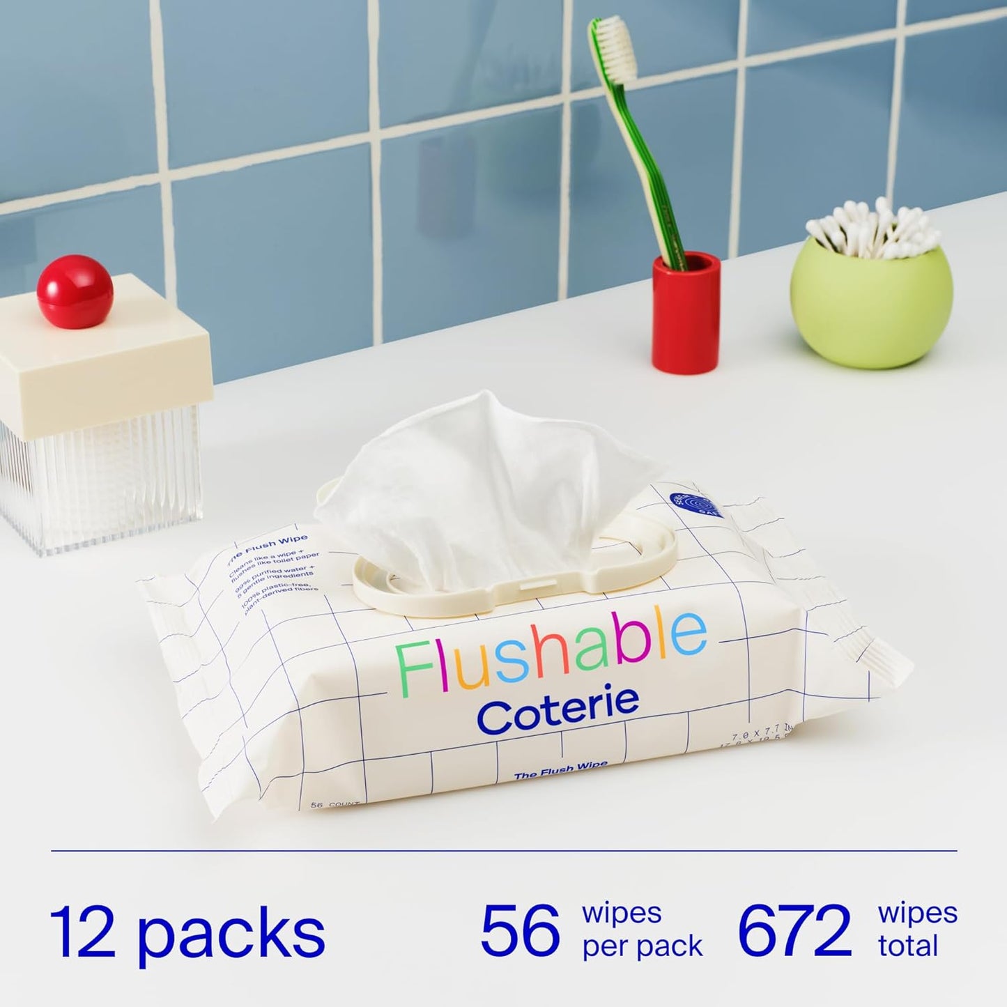 Coterie Flushable Wipes for Sensitive Skin, Hypoallergenic, 99% Water, Plant-Based Fibers, Sewer + Septic Safe to Flush, Fragrance Free Potty Training Toddler Toilet Wipes | 12 Packs (672 Count)