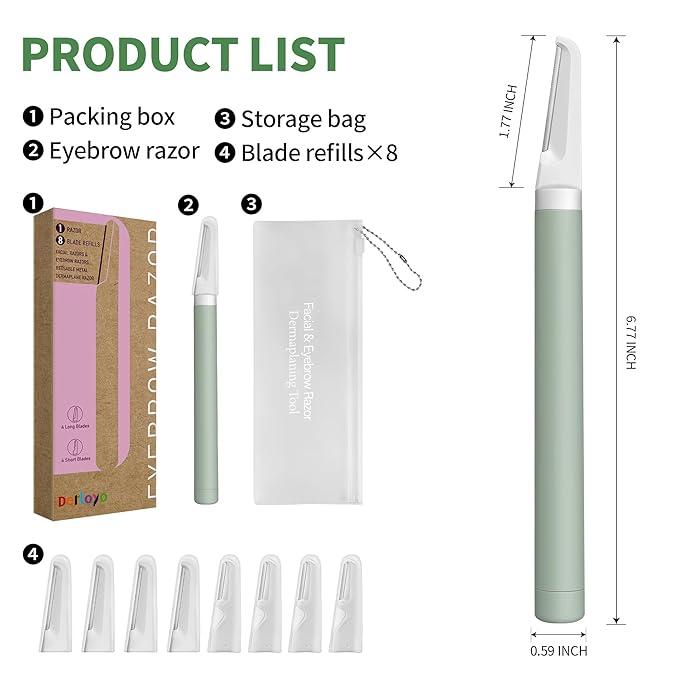 Dermaplane Razor - Facial Hair Removal Tool with 8 Refill Blades, Exfoliating Dermaplaning Tool for Face, Eyebrow Razor with Safety Cover, Face Shaver for Women (Green)