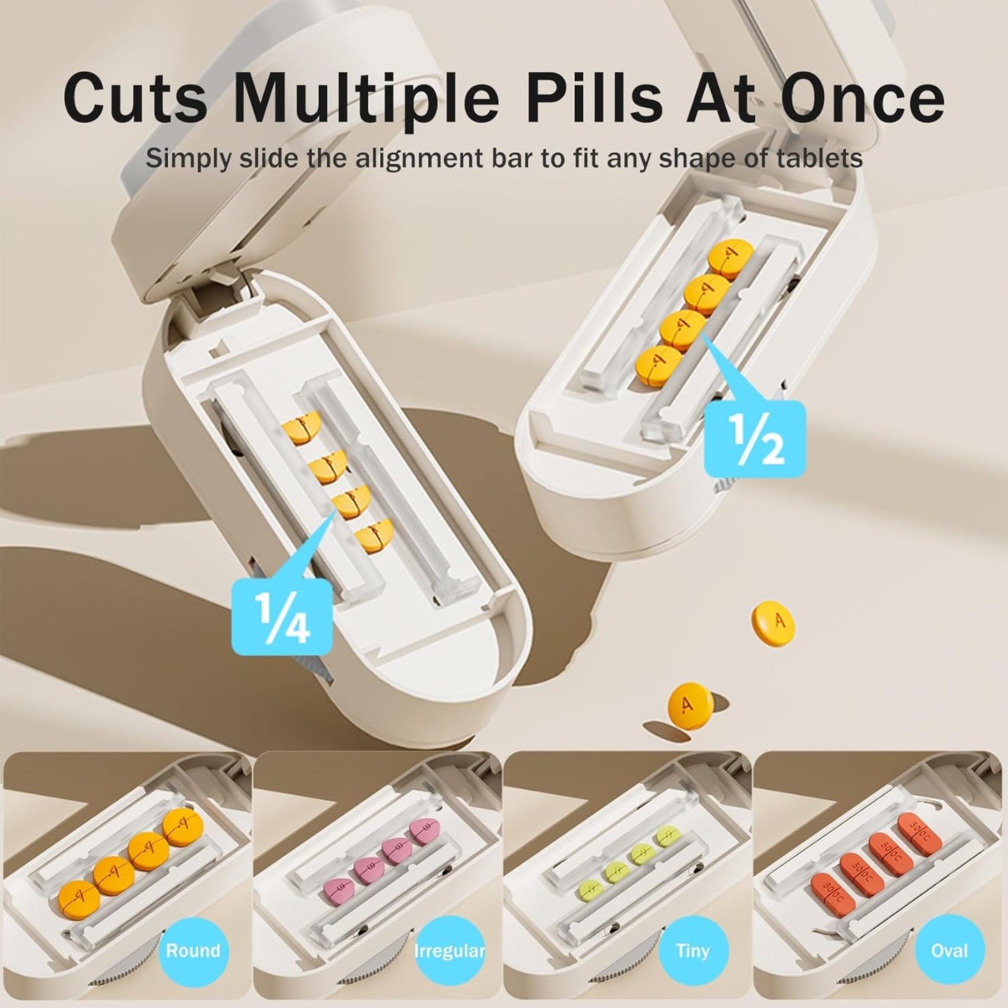 Multiple Pill Cutter - Pill Cutter Splitter for Small Tiny Large Pills Professional | Vertical Press-Down Cutting & Adjustable | Sturdy Blade & Guard | Includes Cleaning Brush (Grey)
