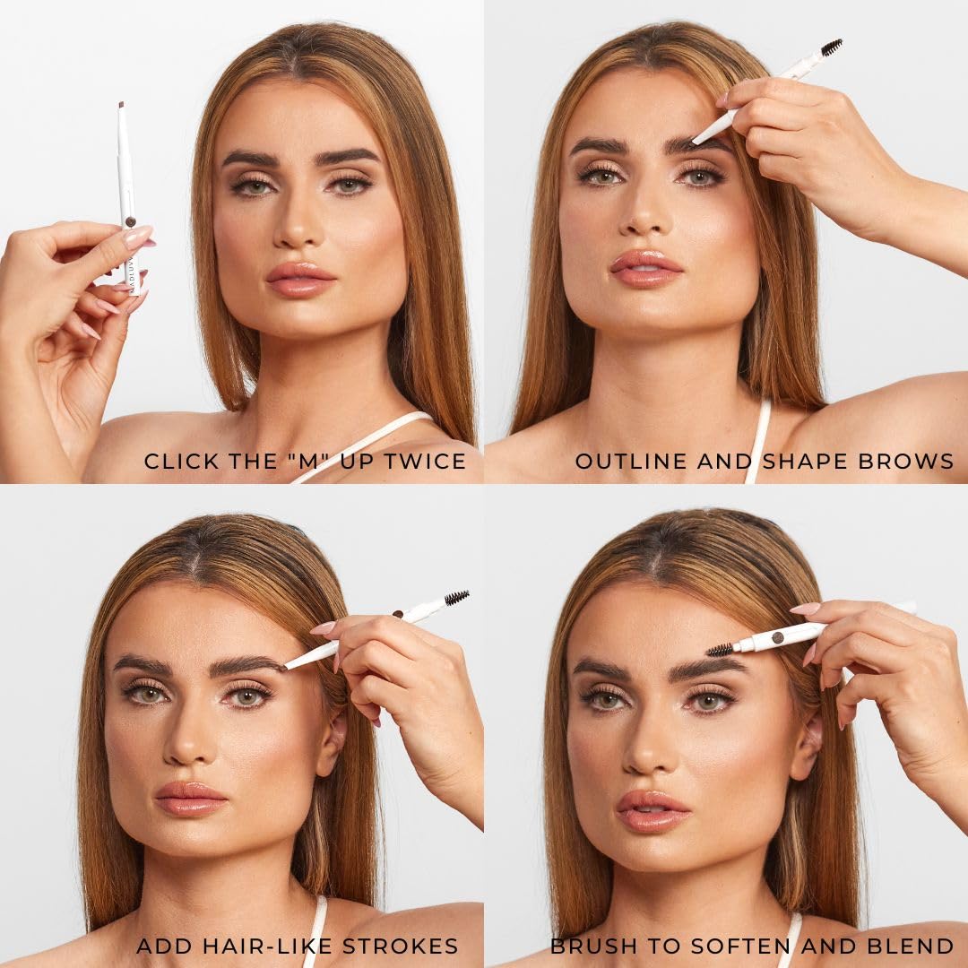 MADLUVV Exacto Brow Pencil for Flawless, Long Lasting, Realistic Brows with Dual-Ended Design Featuring Retractable Blade Tip for Precise Hair Like Detail and Blending Brush - Brunette