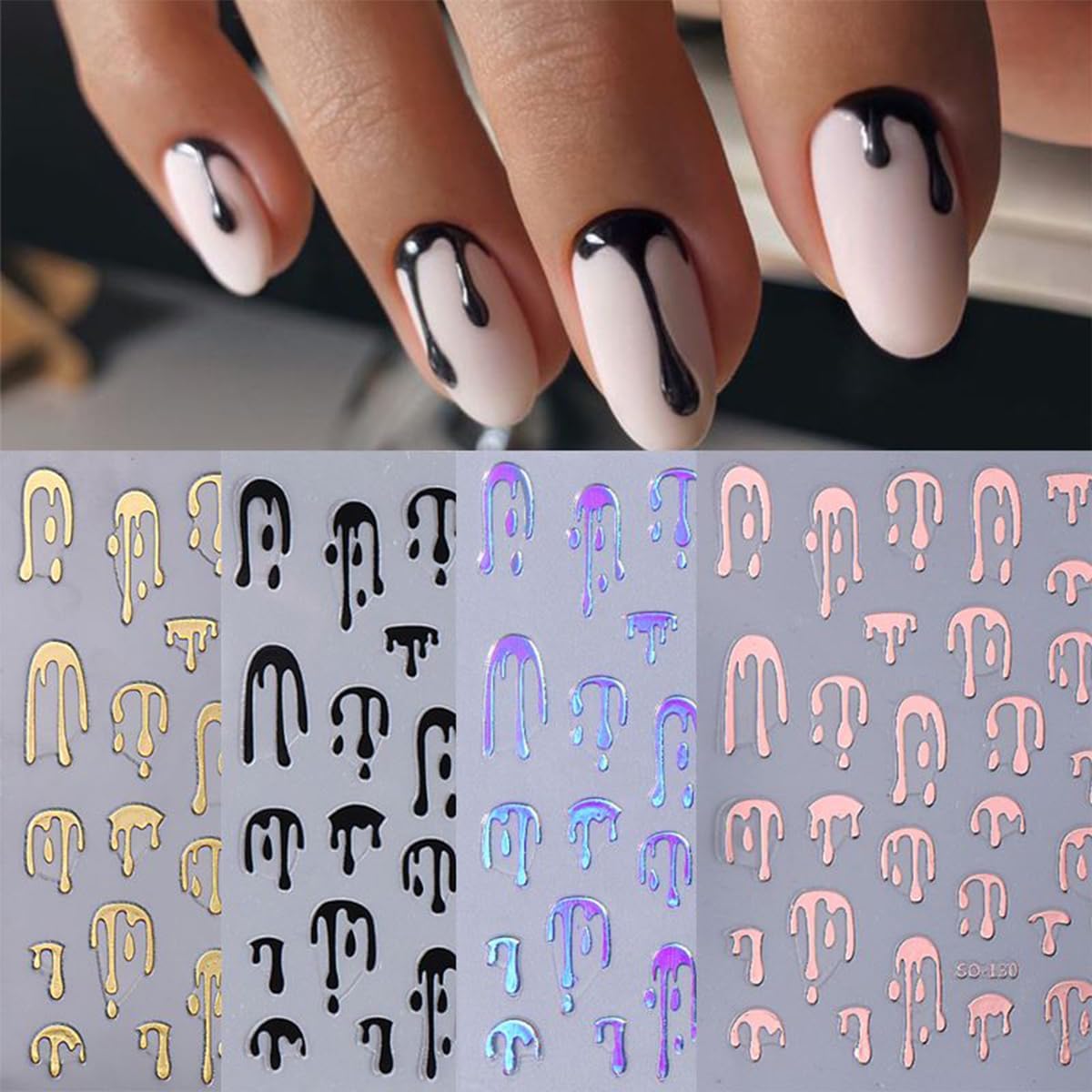 8Pcs Halloween Nail Art Sticker Colorful Bloody Nail Decals 3D Self-Adhesive DIY Fluorescent Blood Nail Stickers Horror Bronzing Black Pink Blood Drop Nail Design Nail Supplies for Halloween Manicure