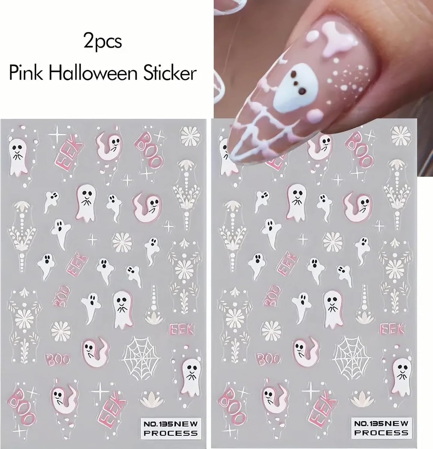 2Pcs Halloween Nail Art Stickers 5D Embossed Halloween Ghost Nail Decals Cute Ghost Spider Web Totem Pattern Designs Self Adhesive Horror Nail Supplies for Women Manicure Tip Decorations Accessories