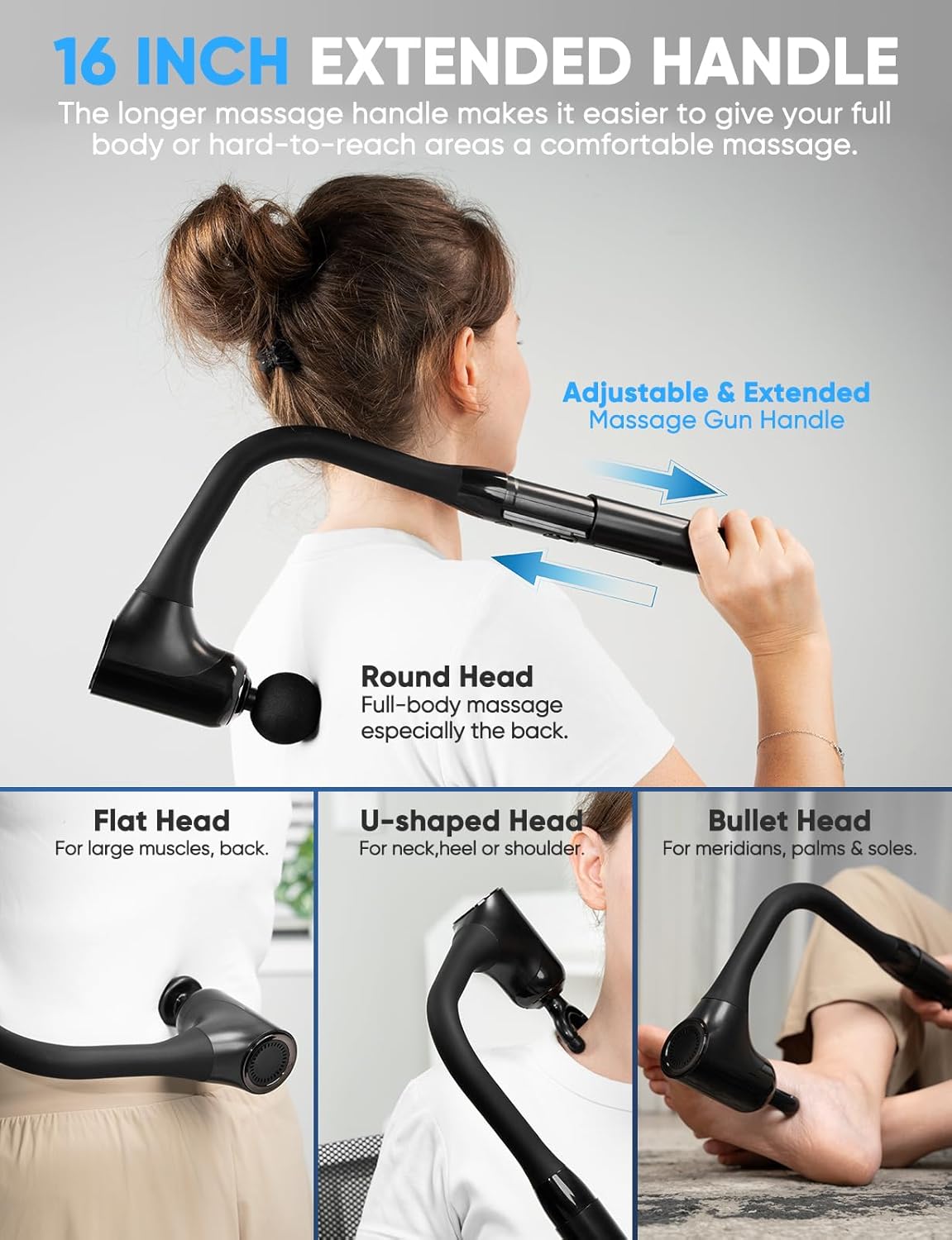 Massage Gun Deep Tissue - Back Massager for Pain Relief Deep Tissue with Extended Handle, 12MM Percussion Less-Shock Neck/Foot/Leg/Shoulder Massager, Infinitely Adjustable Speed & 4 Replaceable Heads