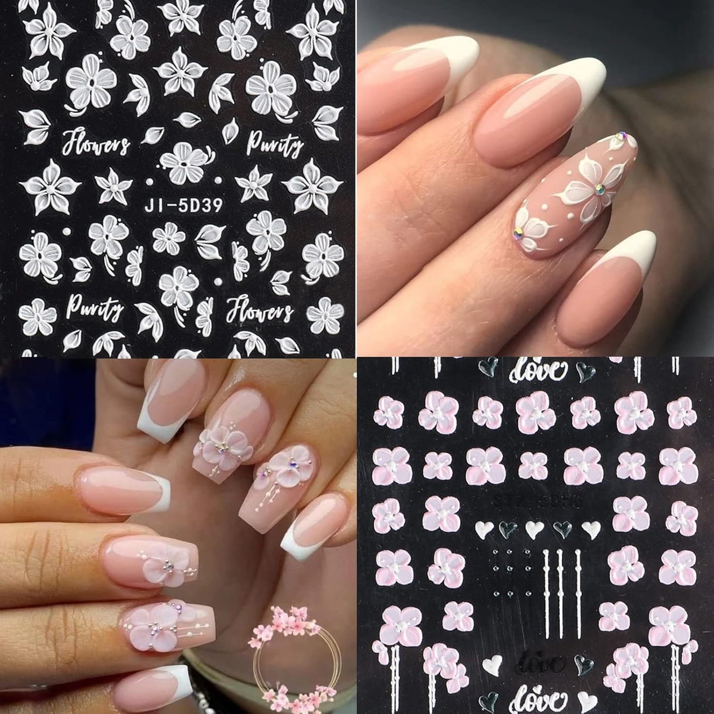 6 Sheets Flower Nail Stickers for Nail Art 5D Embossed Engraved Nails Decals 3D Spring Summer Supplies Accessories Self-Adhesive Nails DIY Design Decoration for Women and Girls