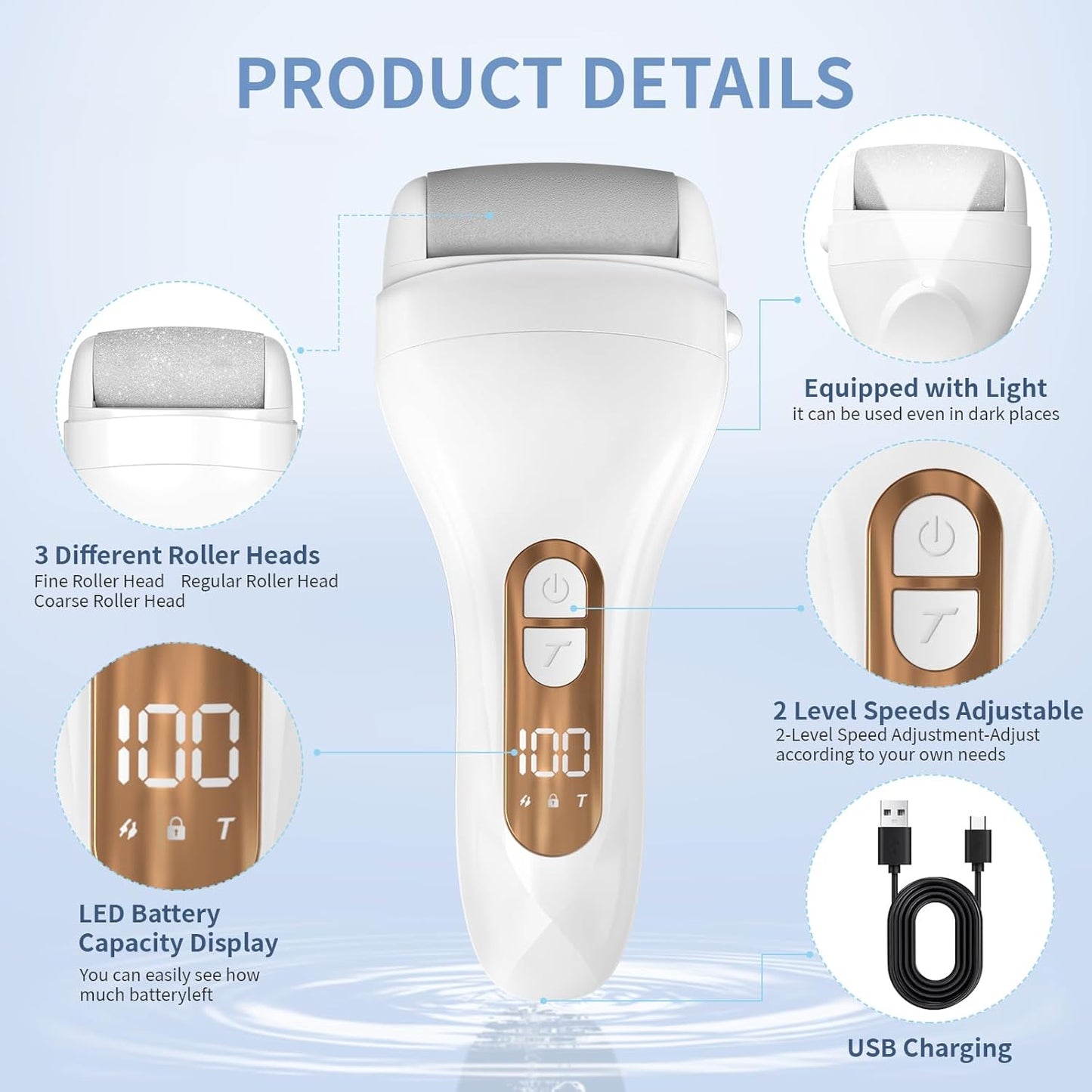 Electric Callus Remover for Feet - with Larger Grinding Head, Portable Pedicure Kit Foot File Callus Remover, Rechargeable Waterproof Foot File for Foot Care Deadskin Remover LCD Display-White