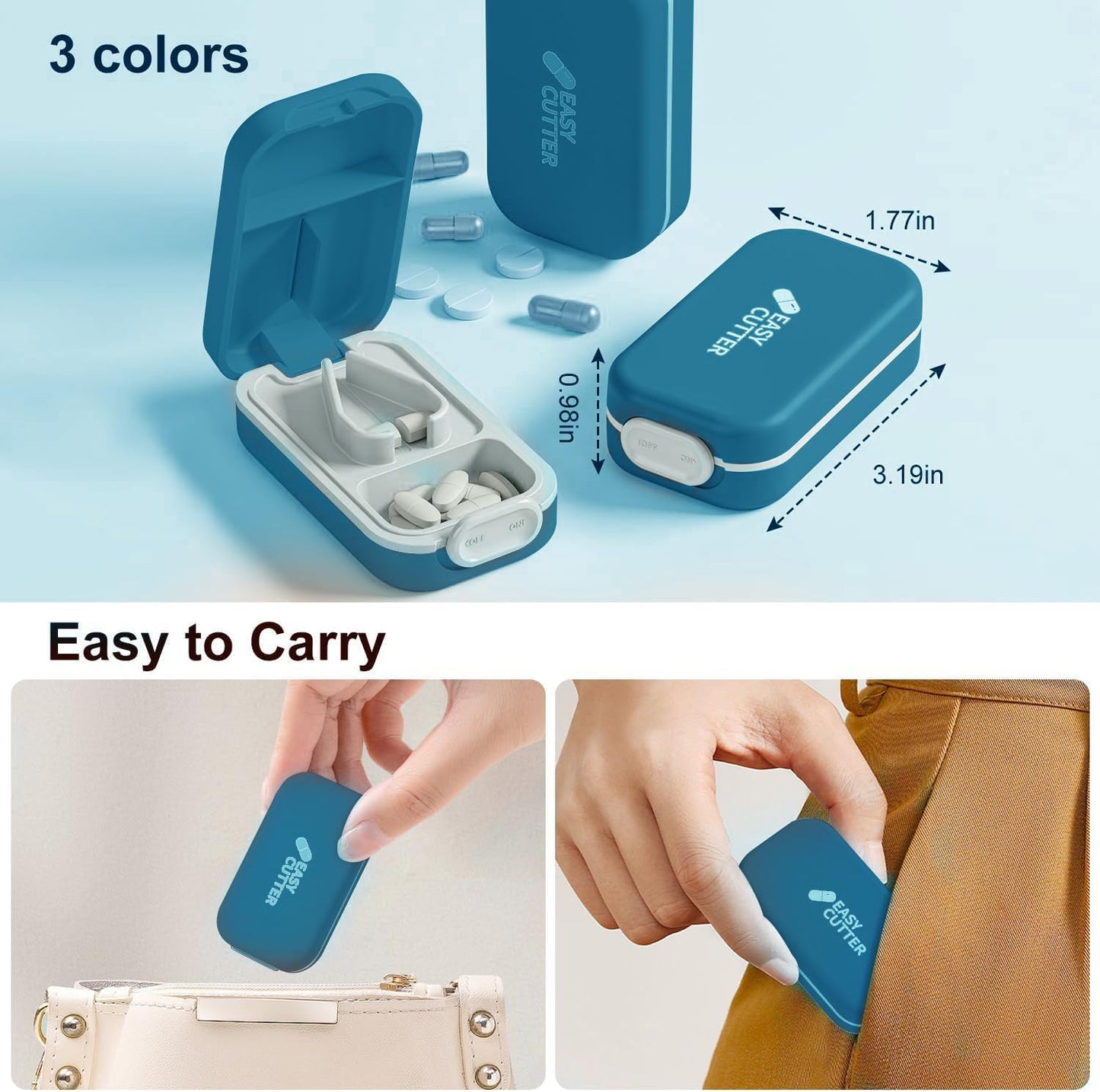 Pill Cutter Splitter for Small or Large Pills with Safety Lock - Accurate and Easy Travel-Friendly Design for Daily Use (Blue)
