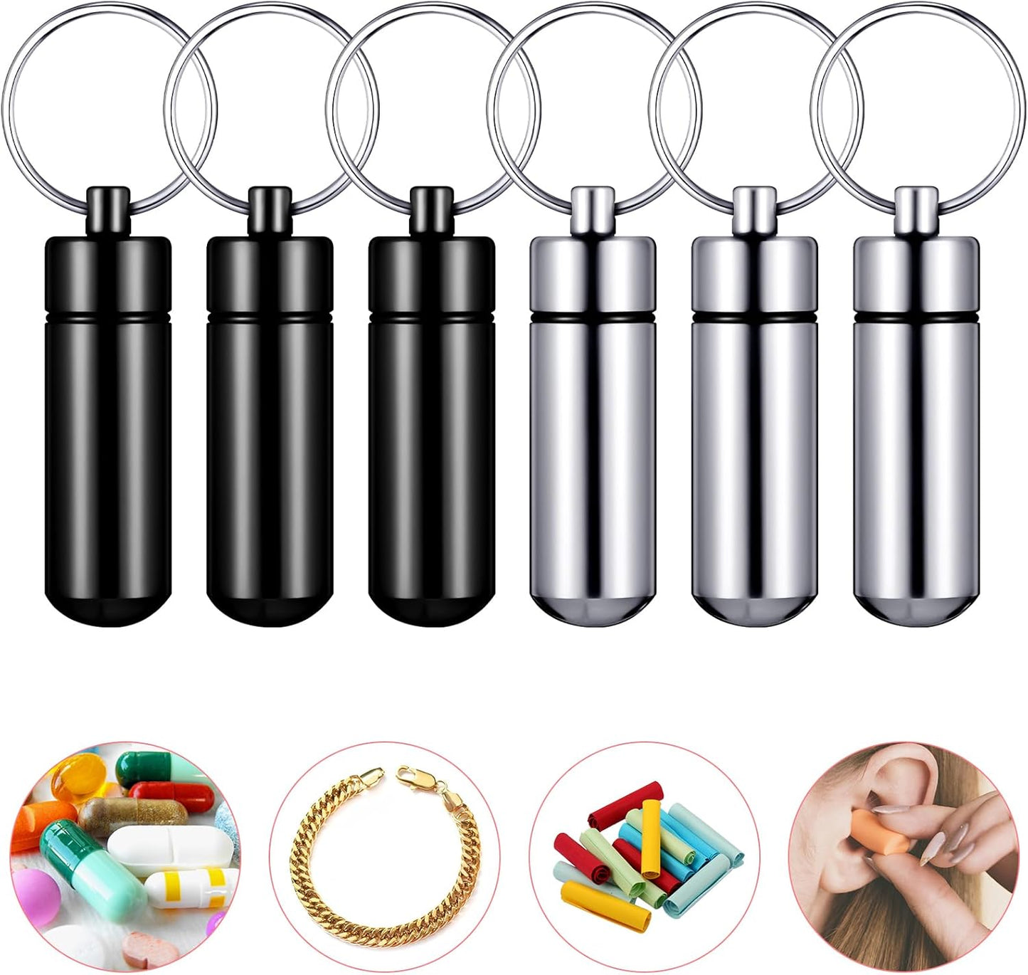 Patelai 12 Pcs Portable Keychain Pill Holder Mini Pocket Pill Case for Men Women Aluminum Geocache Containers Waterproof Metal Medicine Bottle Organizer for Outdoor Camping Travel(Black and Silver)