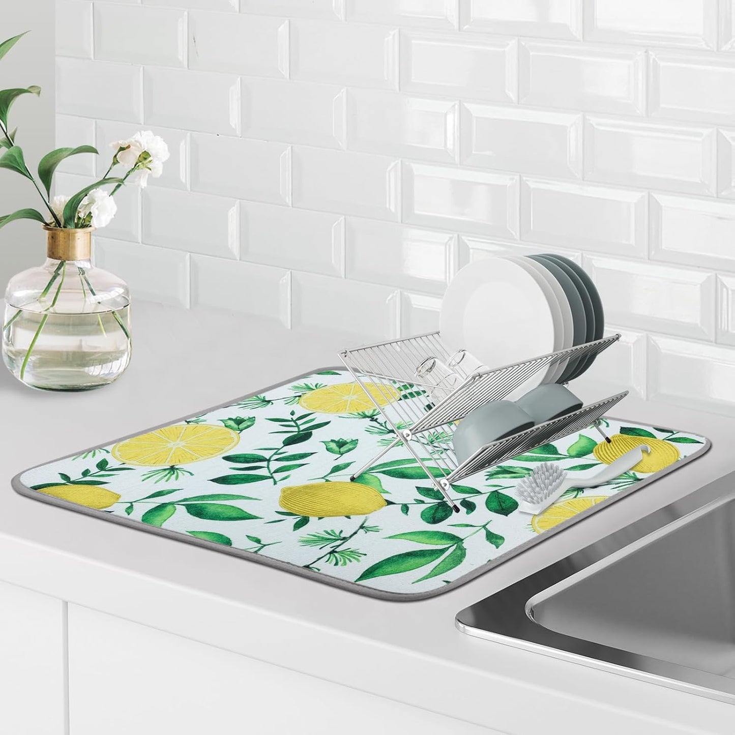 SHIYUE Dish Drying Mat for Kitchen Counter Super Absorbent Spring Kitchen Decor Microfiber Drying Matainers Rack Fast Pad Dish Drainer Mats(Yellow Lemon Green Leaves,18''x24'')