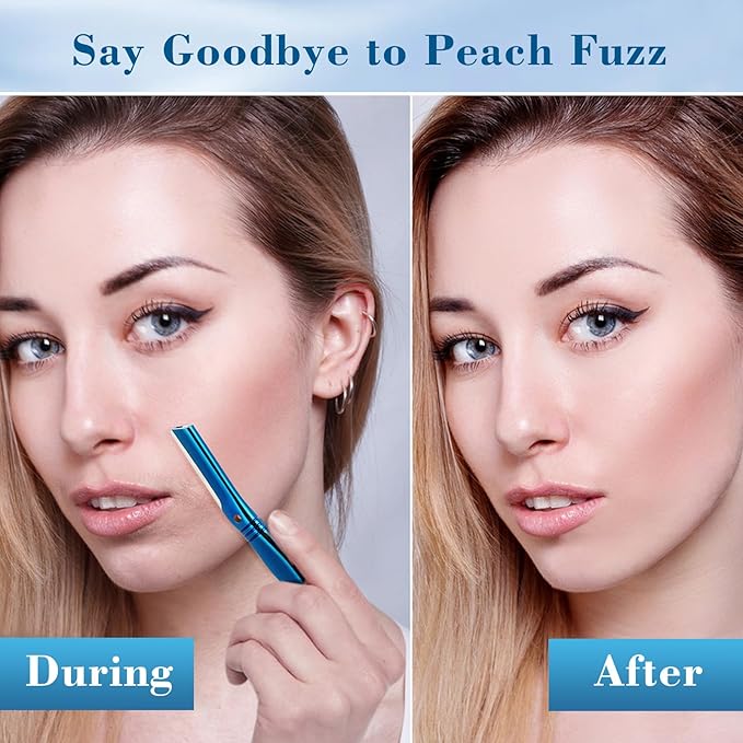 Dermaplane Razor for Women Face with 6 Refill Blades, Dermaplaning Tool Face Razors for Removes Facial Hair, Peach Fuzz, Reusable Metal Handle Eyebrow Razor (Blue)