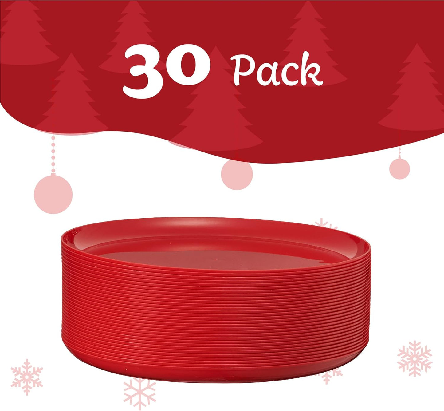 PLASTICPRO 30 Pack 8.6'' Christmass Red Plastic Party Plates Edge Collection Premium heavyweight Elegant Disposable Tableware Dishes