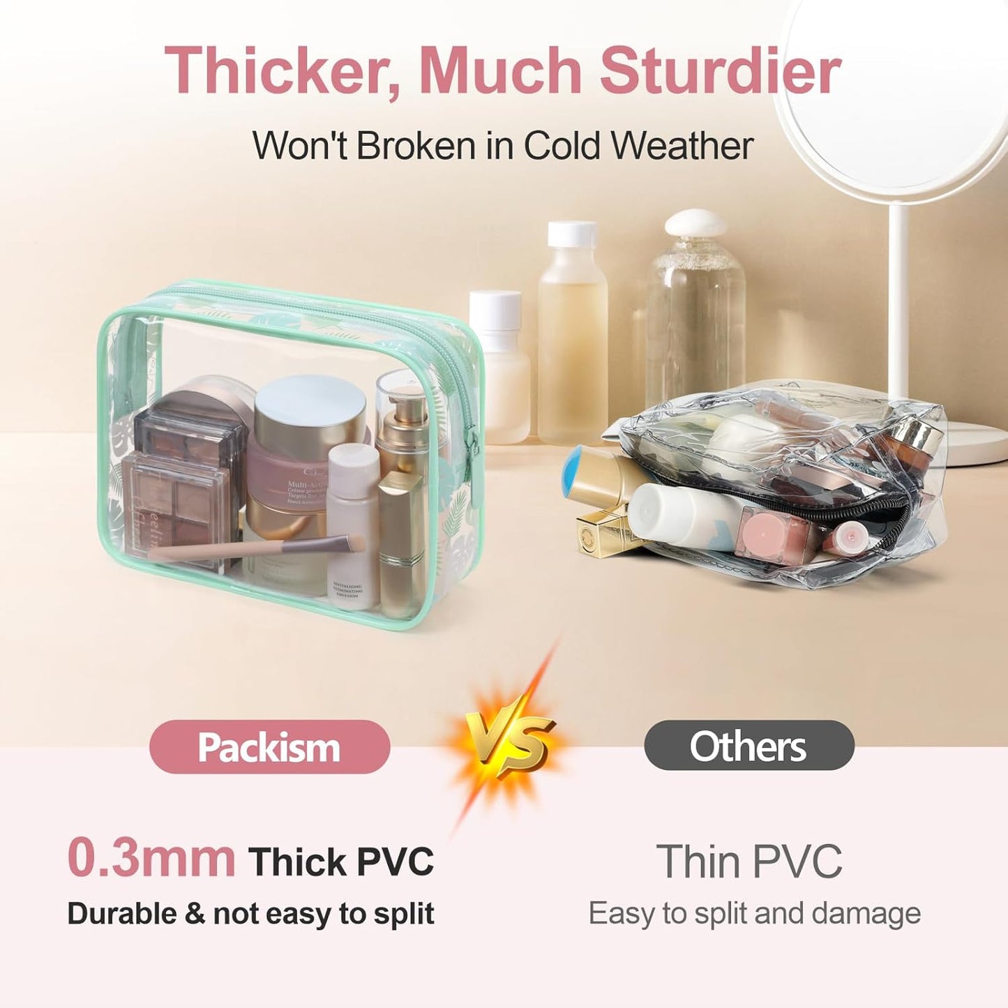 PACKISM TSA Approved Toiletry Bag - Light Green Turtle Leaves Print Clear Toiletry Bags, Suitable for Gifts, with Supporting Frame, Perfect for Travel Essentials, Thick No Smell