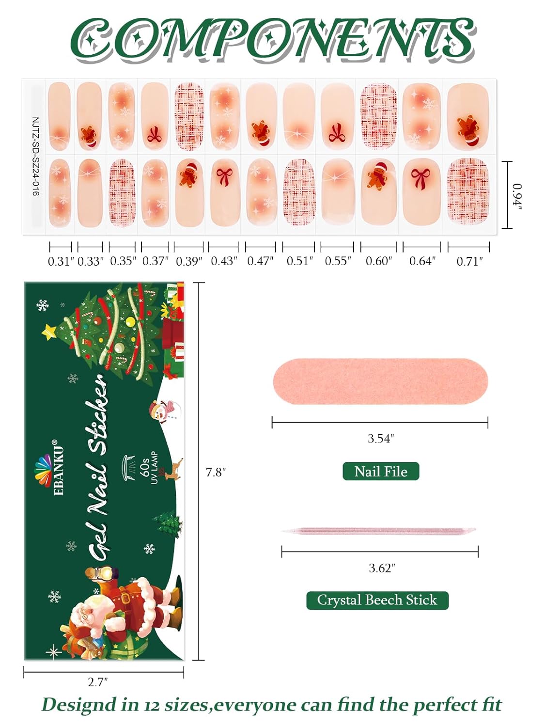EBANKU 24PCS Christmas Semi-Cured Gel Nail Strips, Bow Tie Adhesive Nail Art Sticker, Waterproof Wrap Stickers With Nail File and Stick