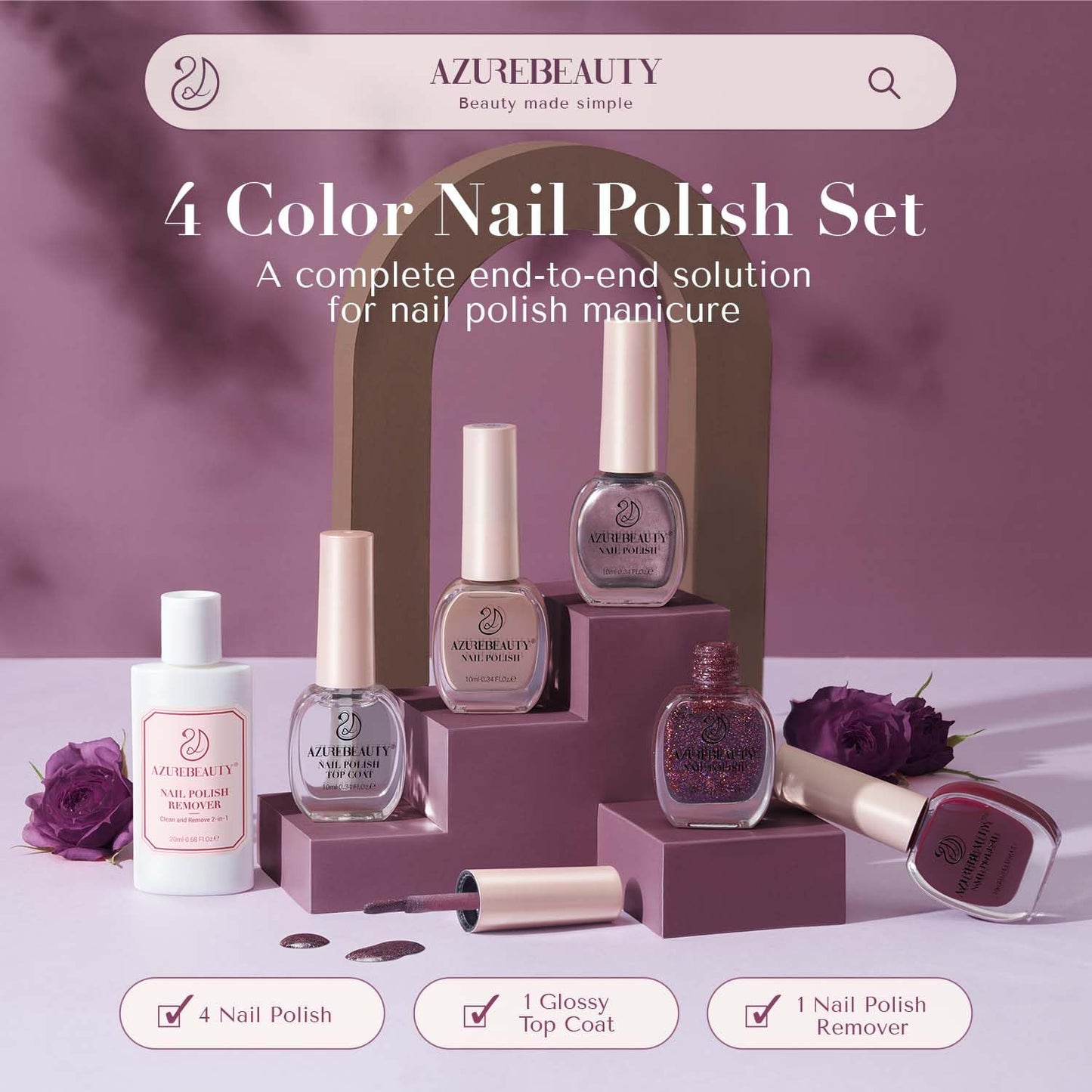 AZUREBEAUTY Nail Polish Set, 4 Colors Brown Purple Glitter Quick Dry Natural Nail Lacquer Strengthening Treatment Kit with Top Coat DIY Salon at Home